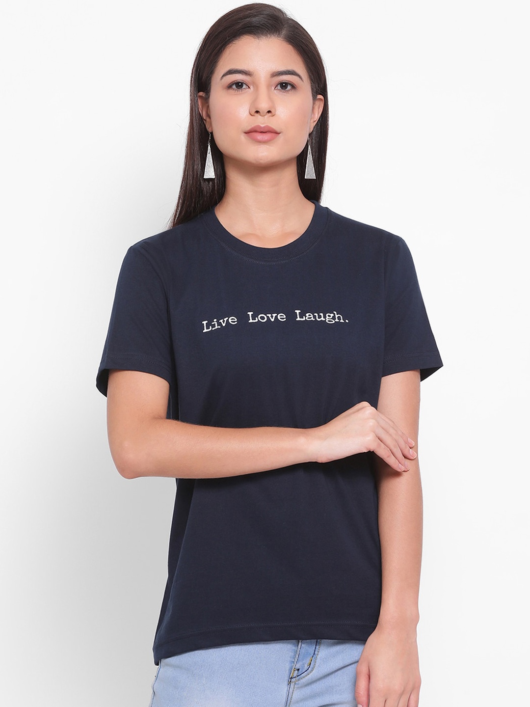 

YOLOCLAN Women Navy Blue Printed Round Neck Pure Cotton T-shirt