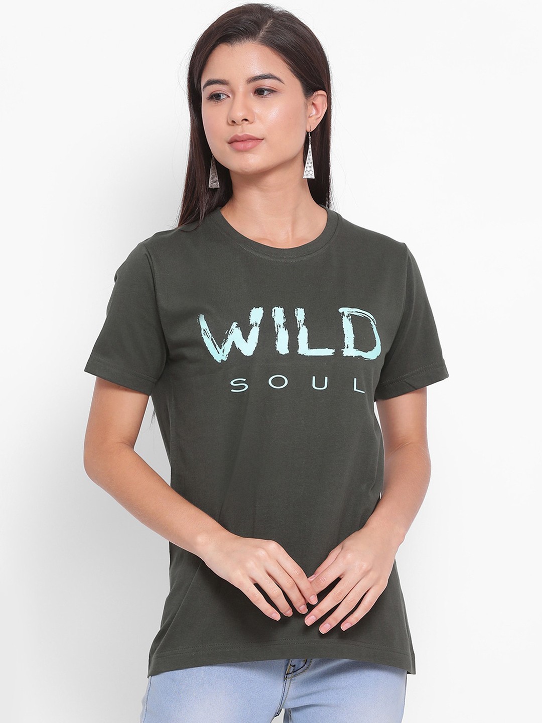

YOLOCLAN Women Green Printed Round Neck Pure Cotton T-shirt