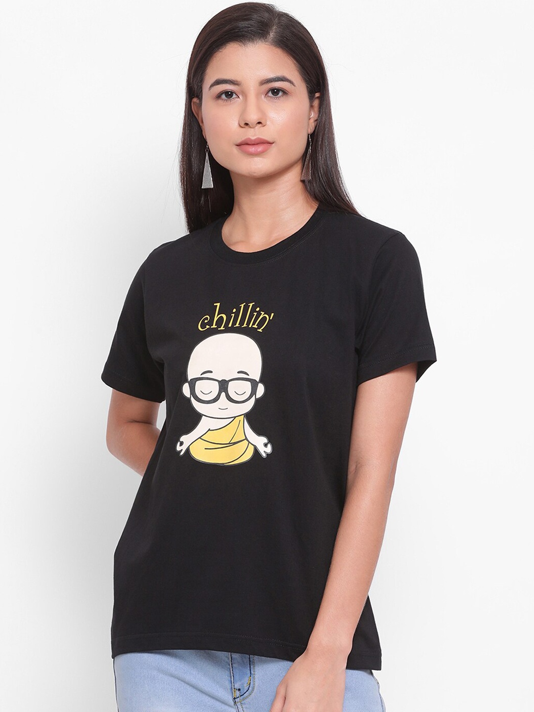 

YOLOCLAN Women Black Printed Round Neck Pure Cotton T-shirt