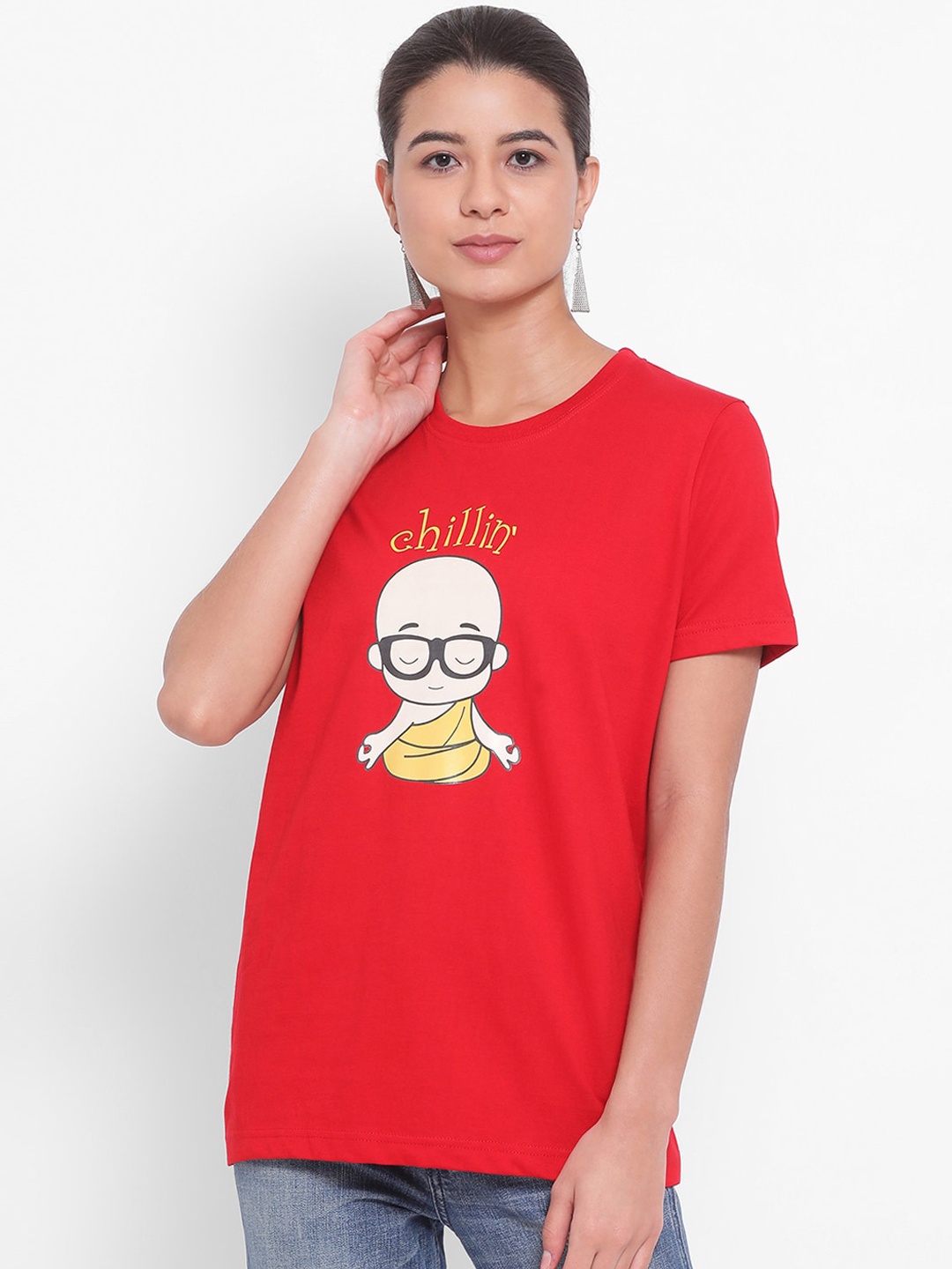 

YOLOCLAN Women Red Printed Round Neck Pure Cotton T-shirt