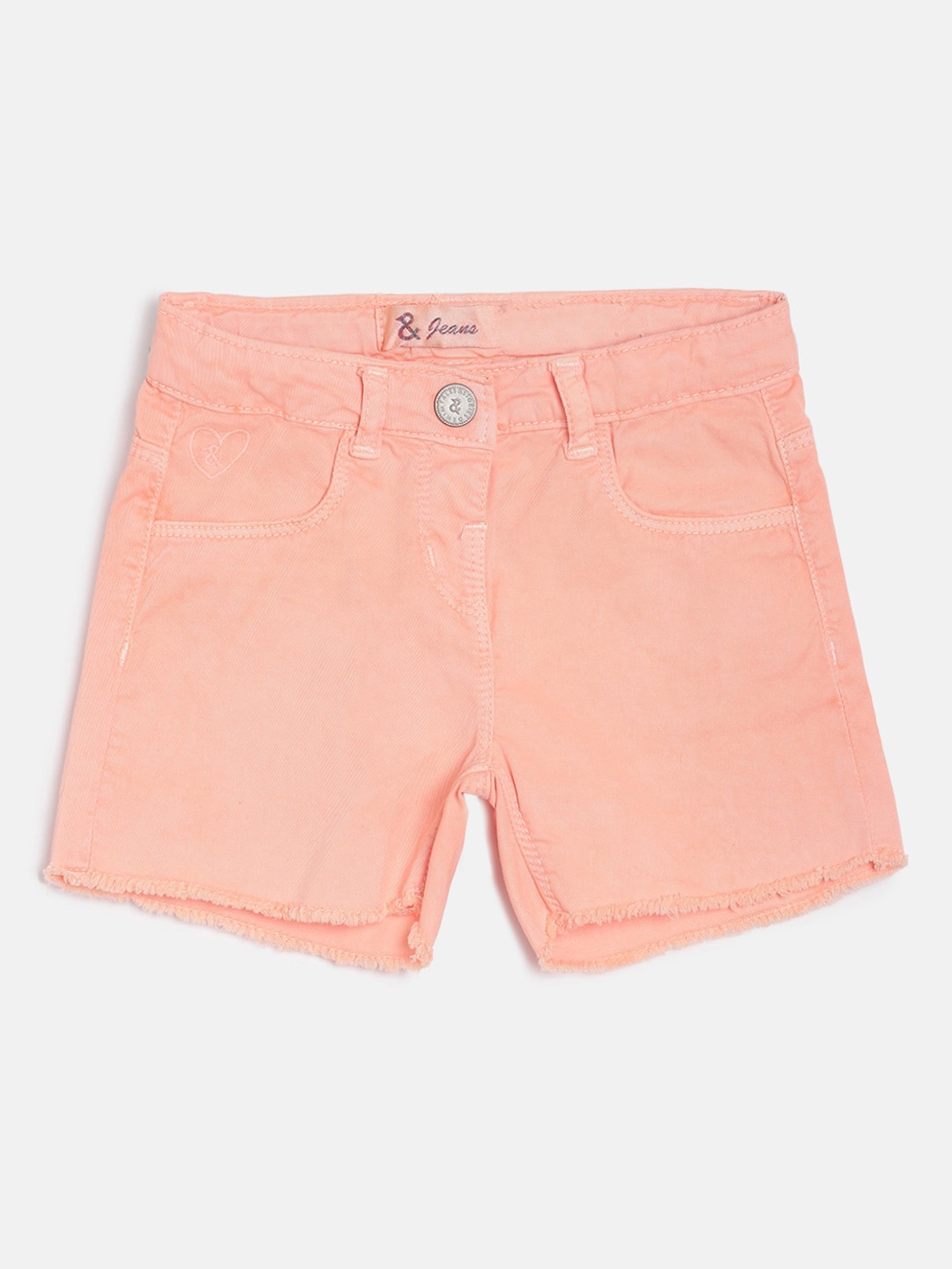 

TALES & STORIES Girls Peach-Coloured Solid Frayed Hem Regular Fit Denim Shorts