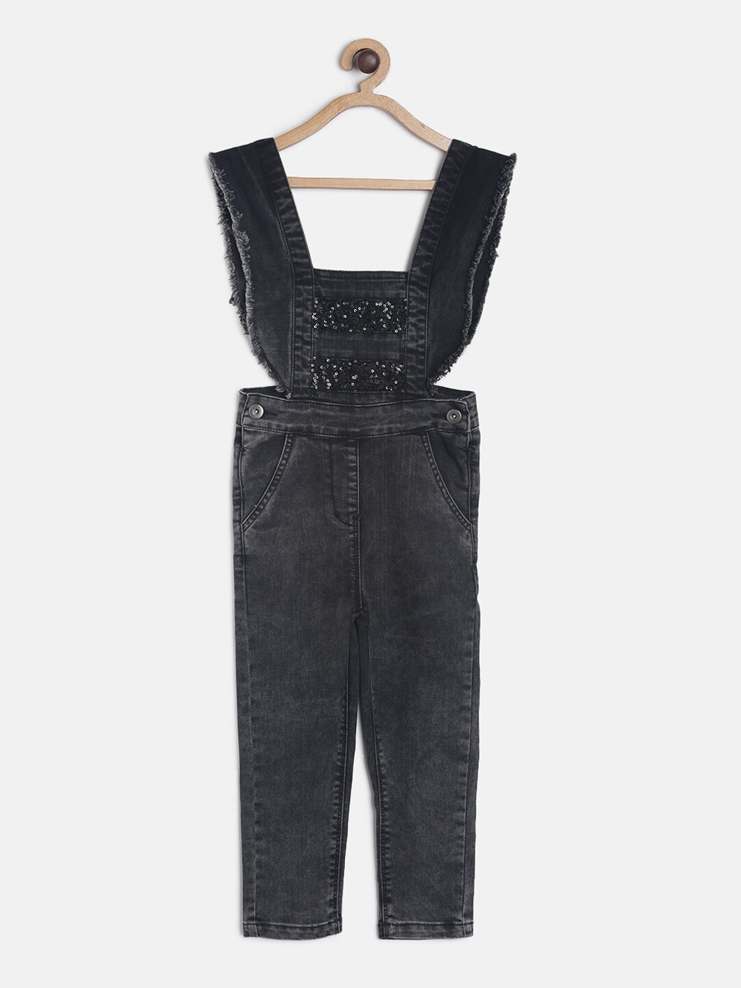 

TALES & STORIES Girls Black Embellished Denim Slim-Fit Dungarees