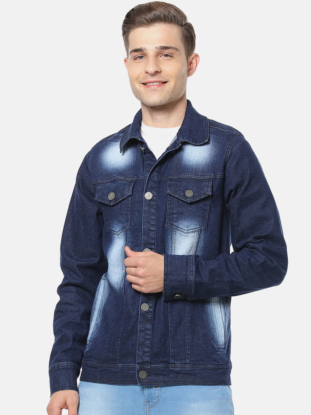 Campus Sutra Men Navy Blue Solid Windcheater Denim Jacket