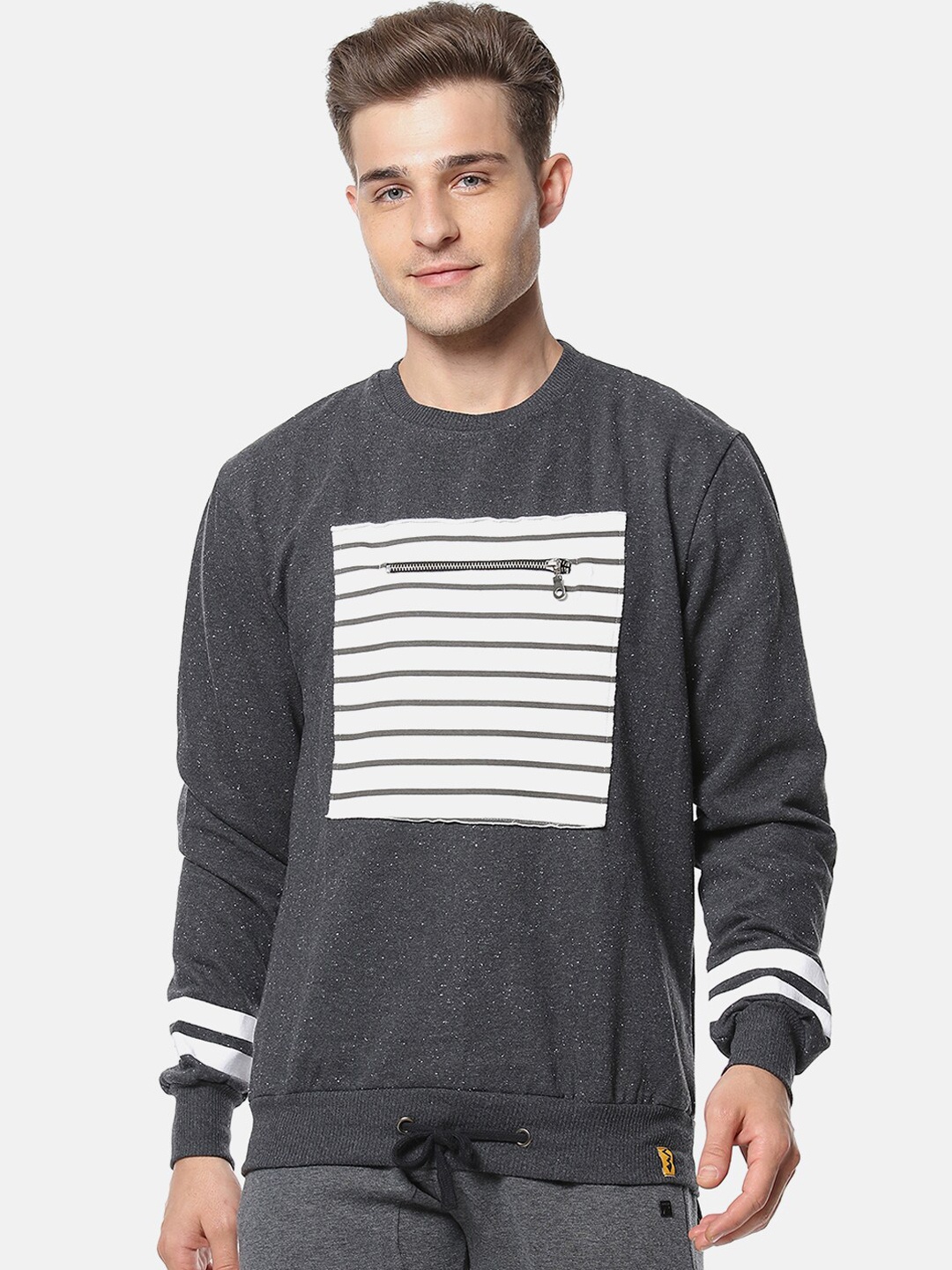 

Campus Sutra Men Charcoal Grey & White Striped Sweatshirt