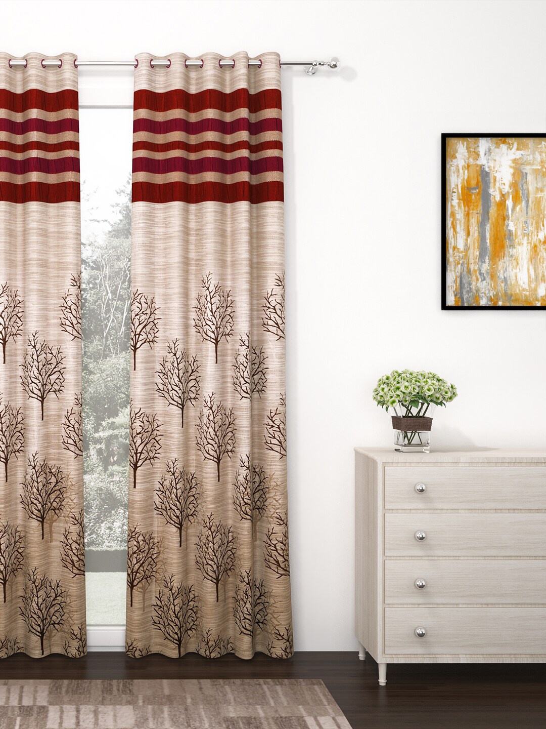 

Story@home Maroon & Beige Premium Jacquard 350GSM Room Darkening Eyelet Single Door Curtain