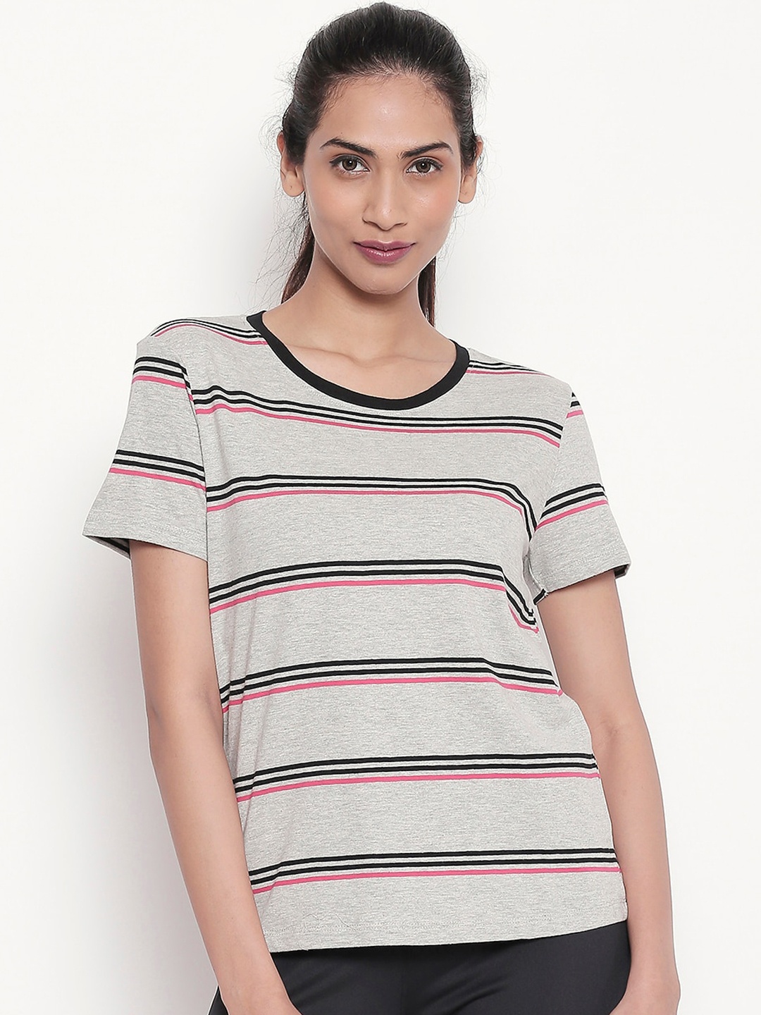 

Ajile by Pantaloons Women Grey Melange & Black Striped Round Neck T-shirt