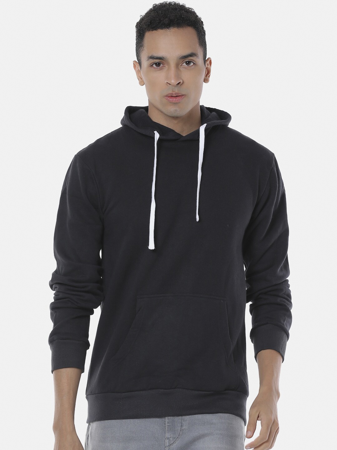 Campus Sutra Men Black Solid Hooded Sweatshirt
