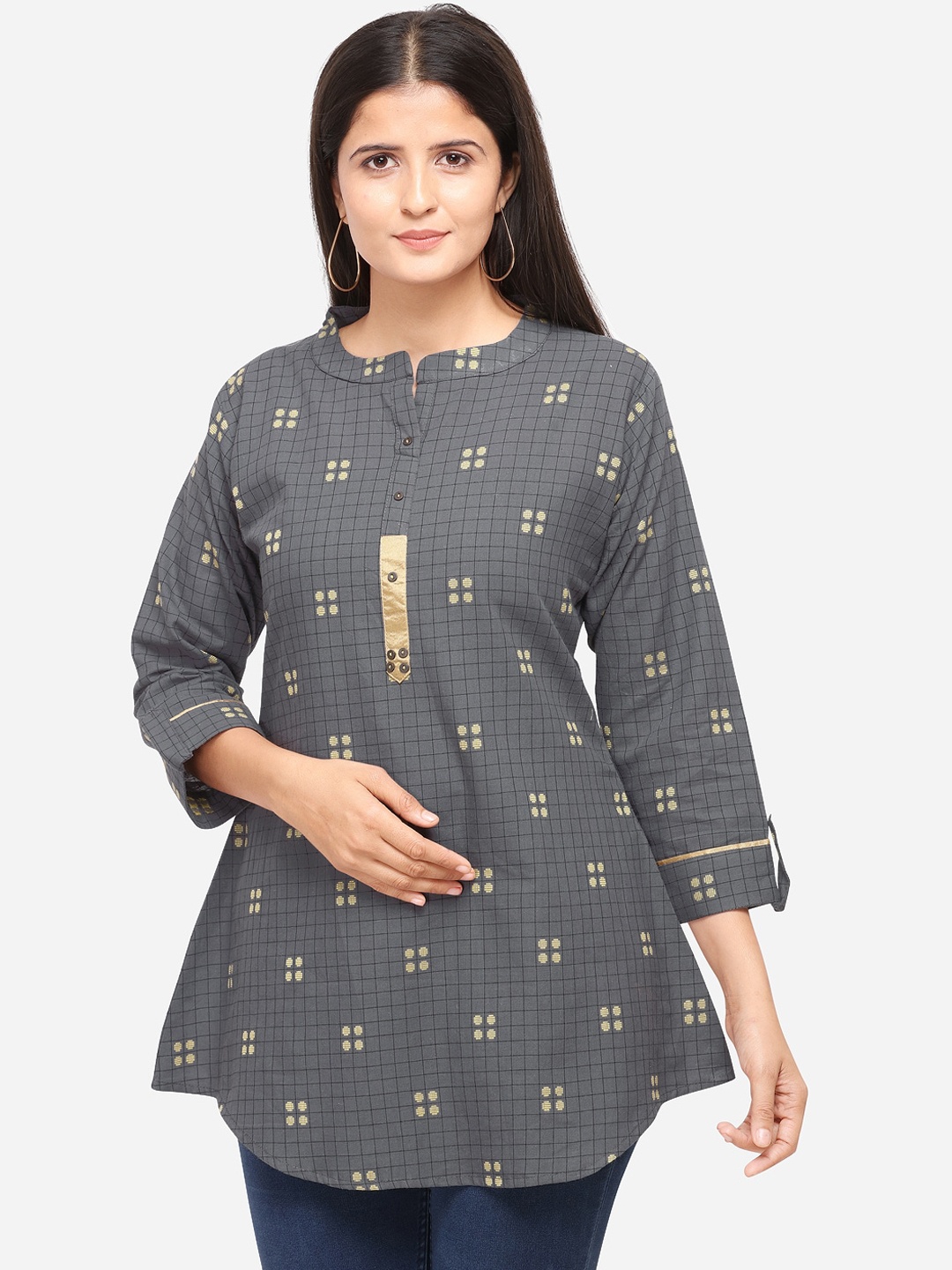 

Kvsfab Women Grey Checked Tunic