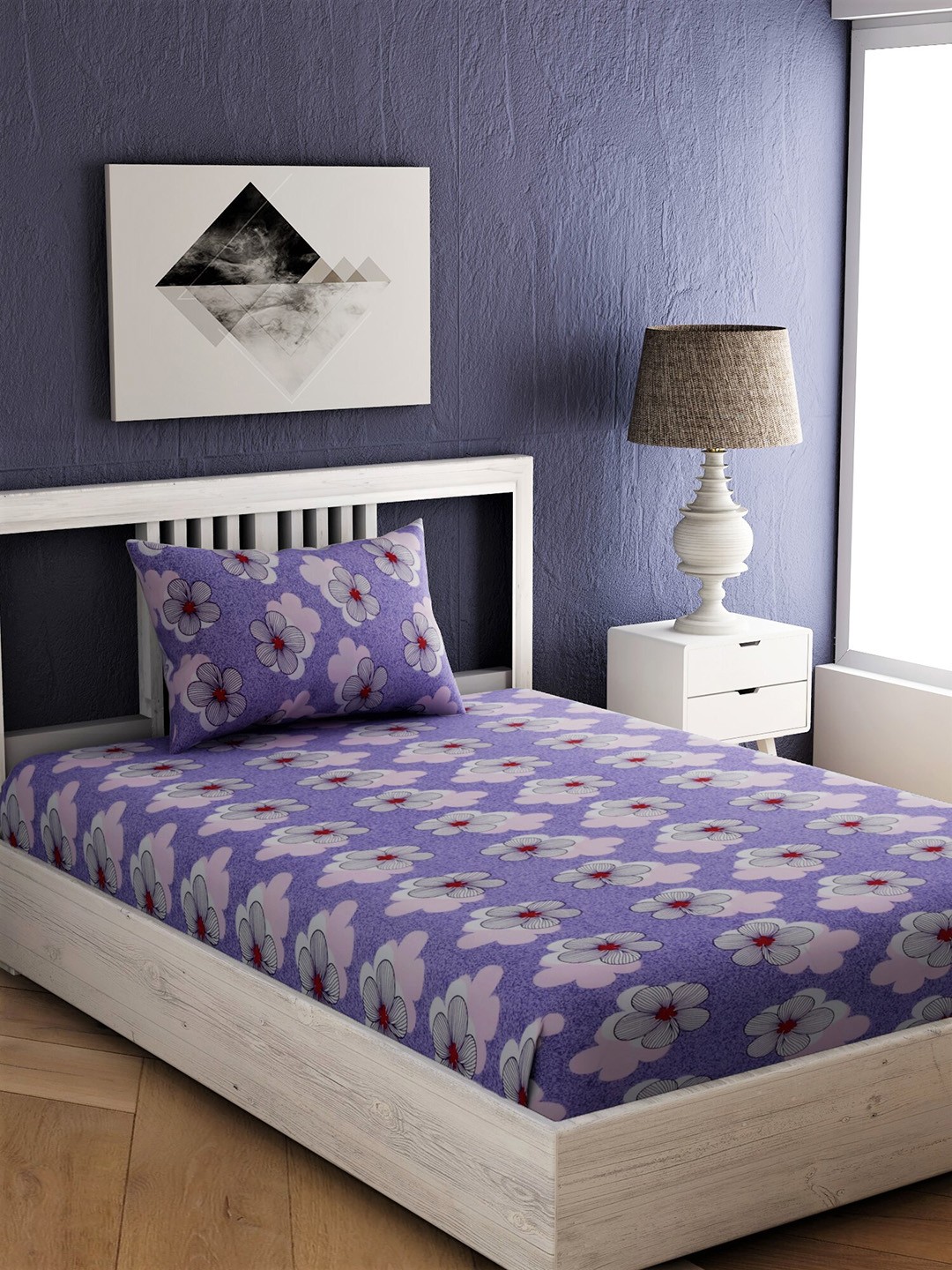 

EverHOME Purple & Peach-Coloured Floral 144 TC Cotton 1 Single Bedsheet with 1 Pillow Covers