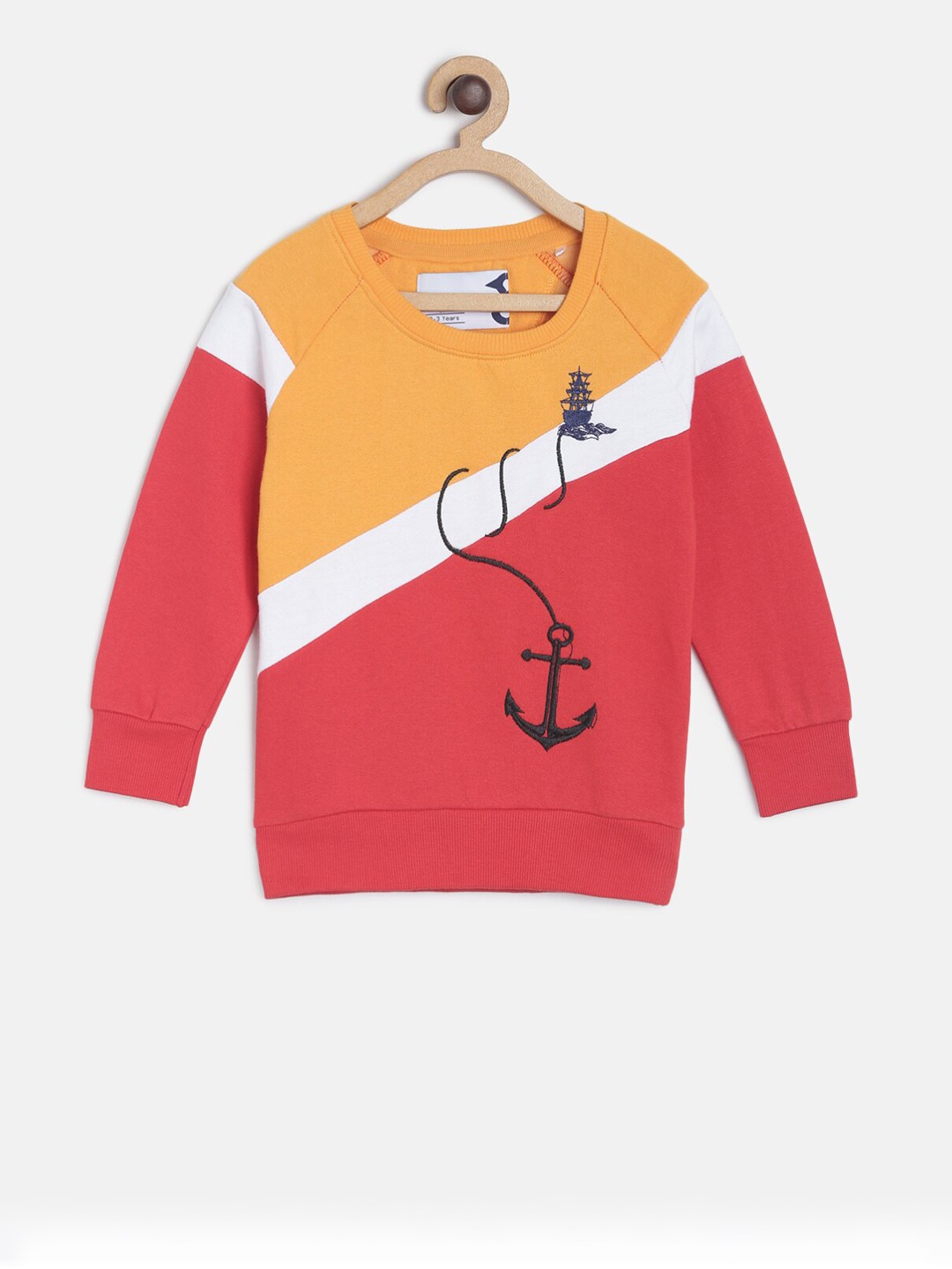

TALES & STORIES Boys Mustard Yellow & Coral Red Colourblocked Sweatshirt