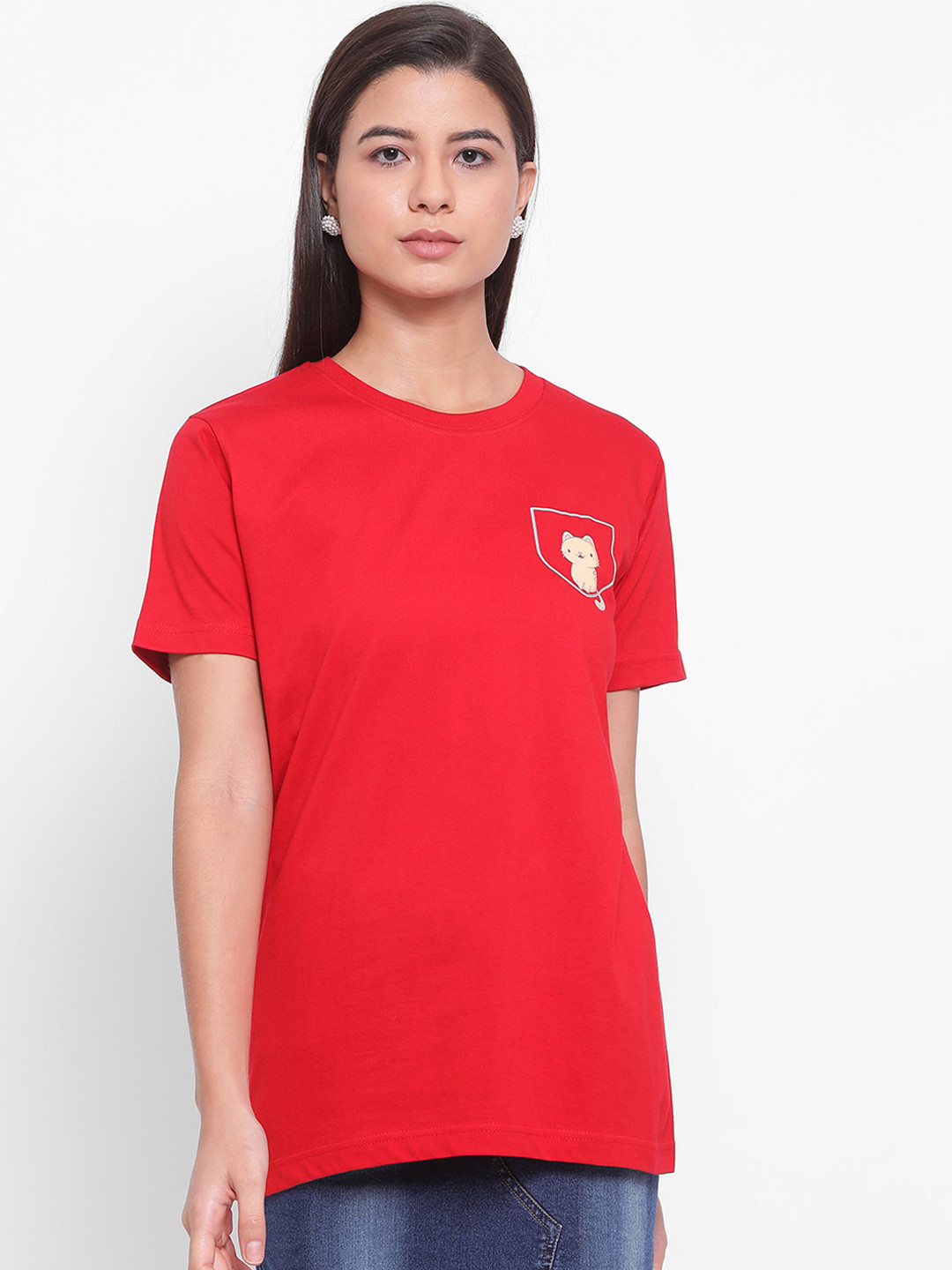 

YOLOCLAN Women Red Printed Round Neck Pure Cotton T-shirt