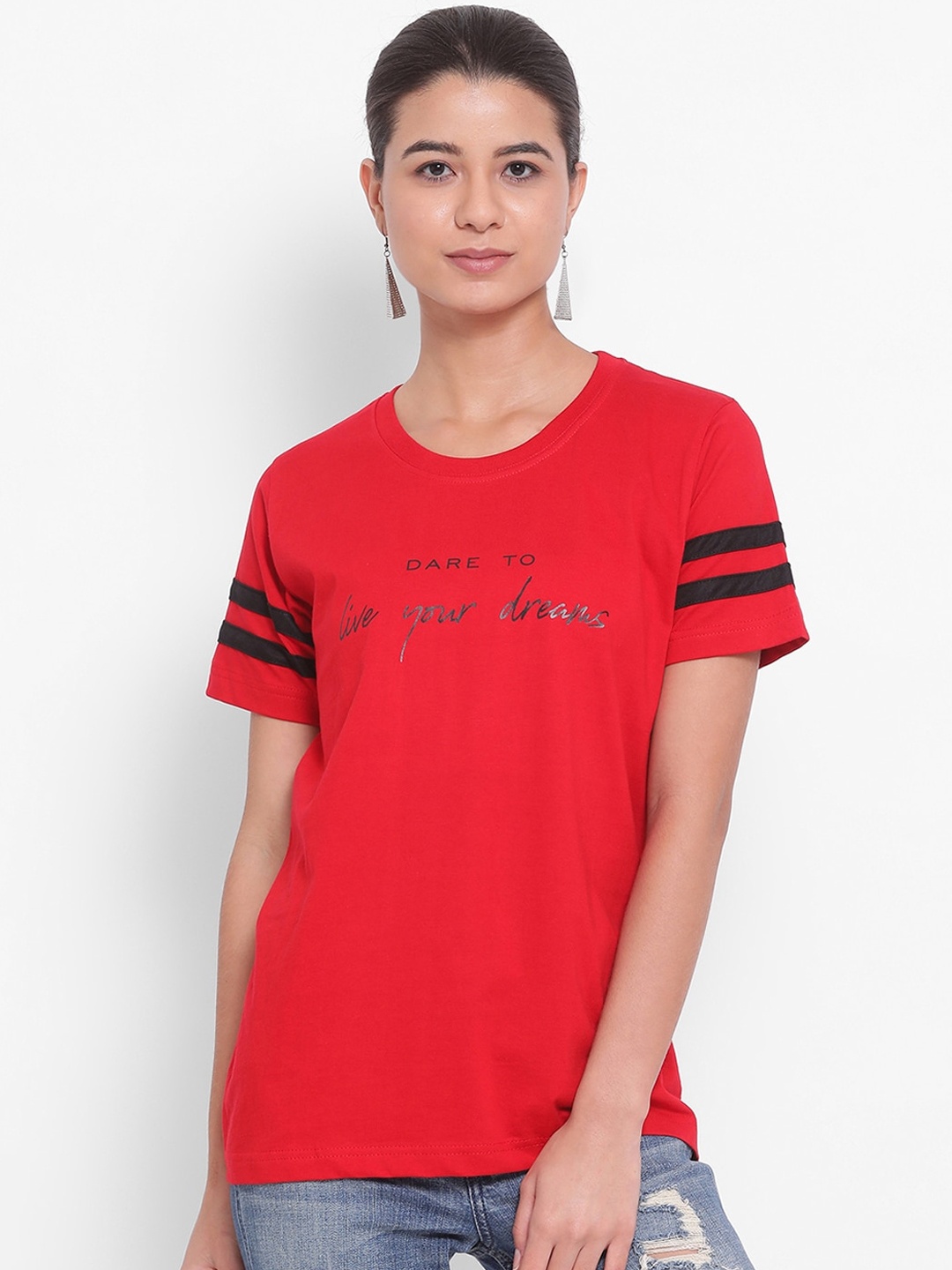 YOLOCLAN Women Red Printed Round Neck Pure Cotton T-shirt