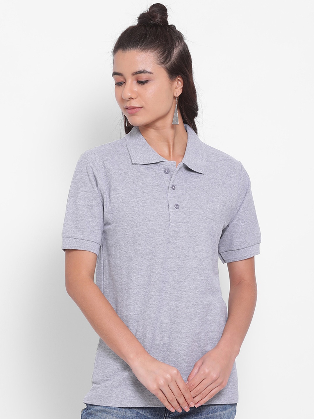 

YOLOCLAN Women Grey Solid Polo Collar Pure Cotton T-shirt