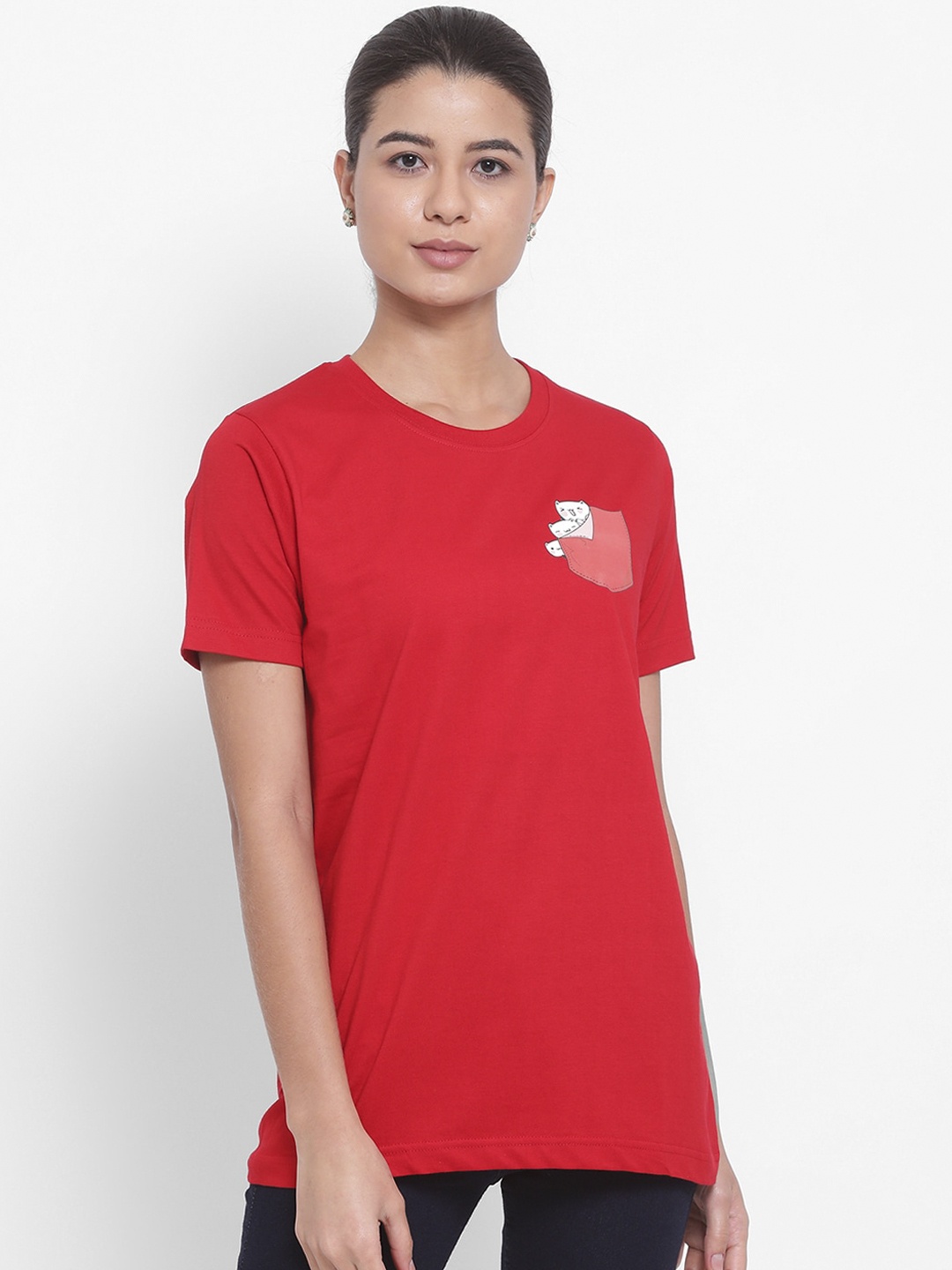 

YOLOCLAN Women Red Printed Round Neck Pure Cotton T-shirt