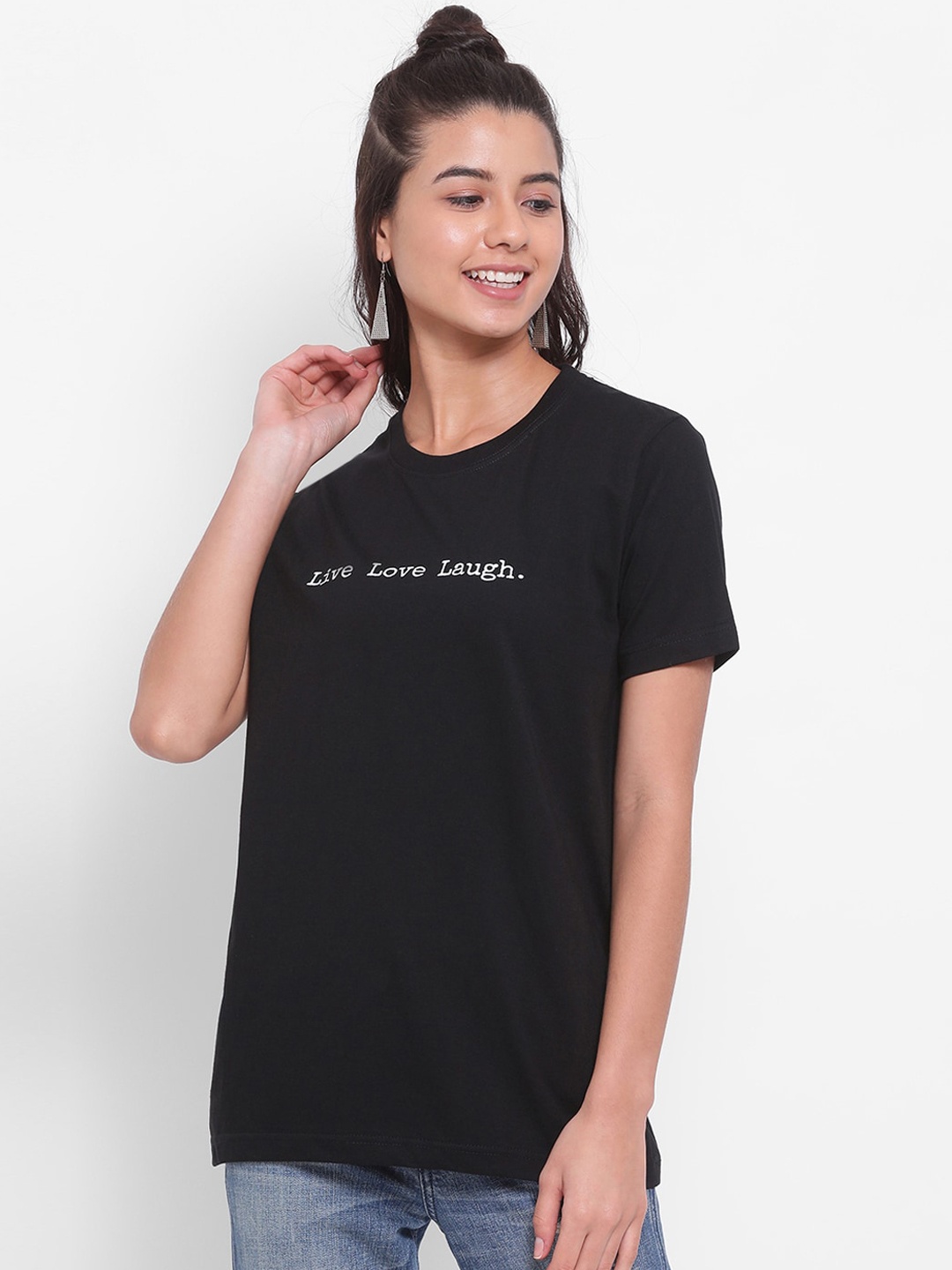 

YOLOCLAN Women Black Solid Round Neck Pure Cotton T-shirt