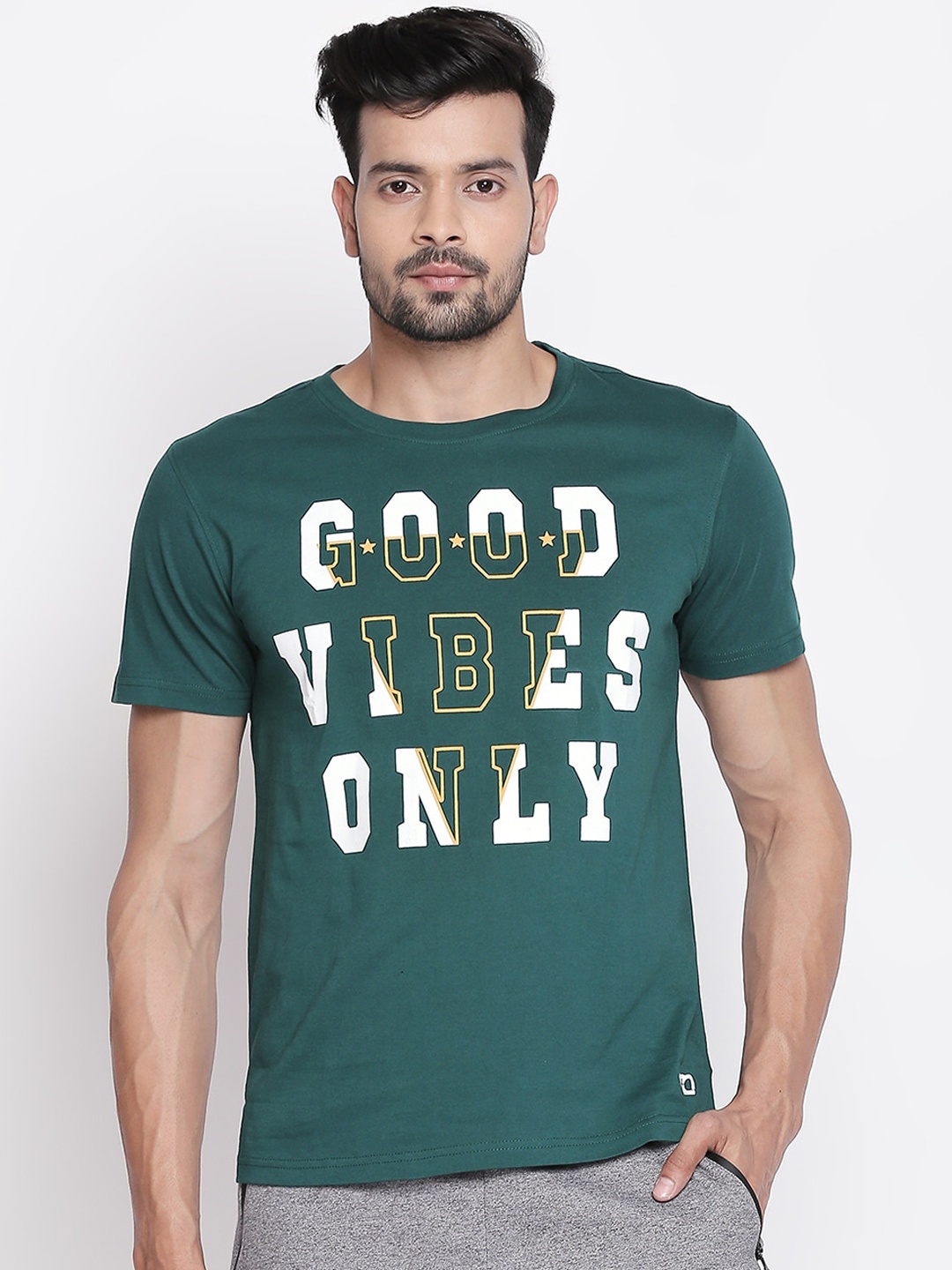 

Ajile by Pantaloons Men Green Printed Round Neck Pure Cotton T-shirt