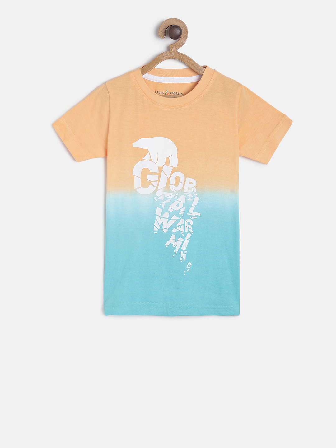 

TALES & STORIES Boys Peach-Coloured & Turquoise Blue Colourblocked Round Neck T-shirt