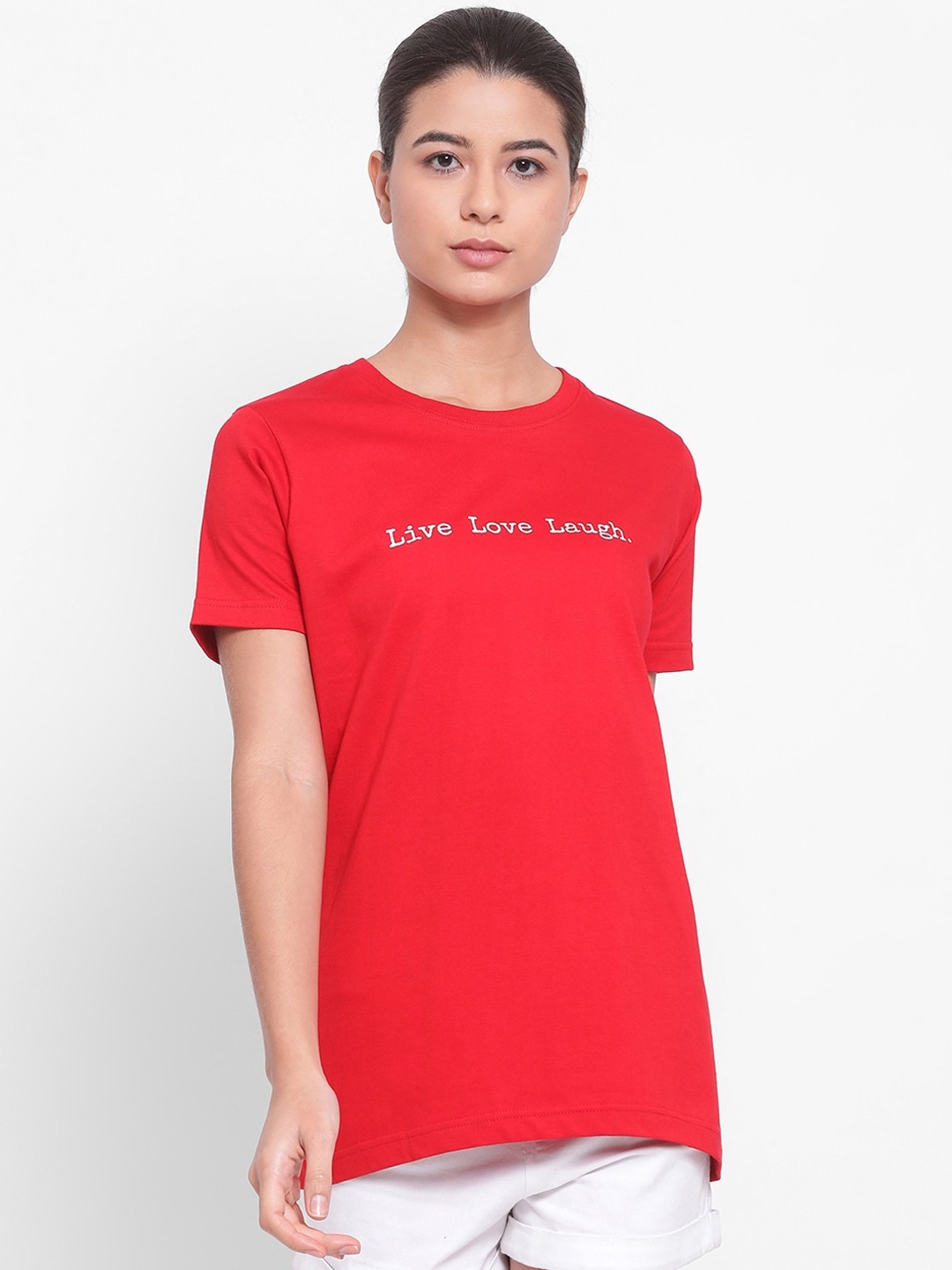 

YOLOCLAN Women Red Printed Round Neck Pure Cotton T-shirt