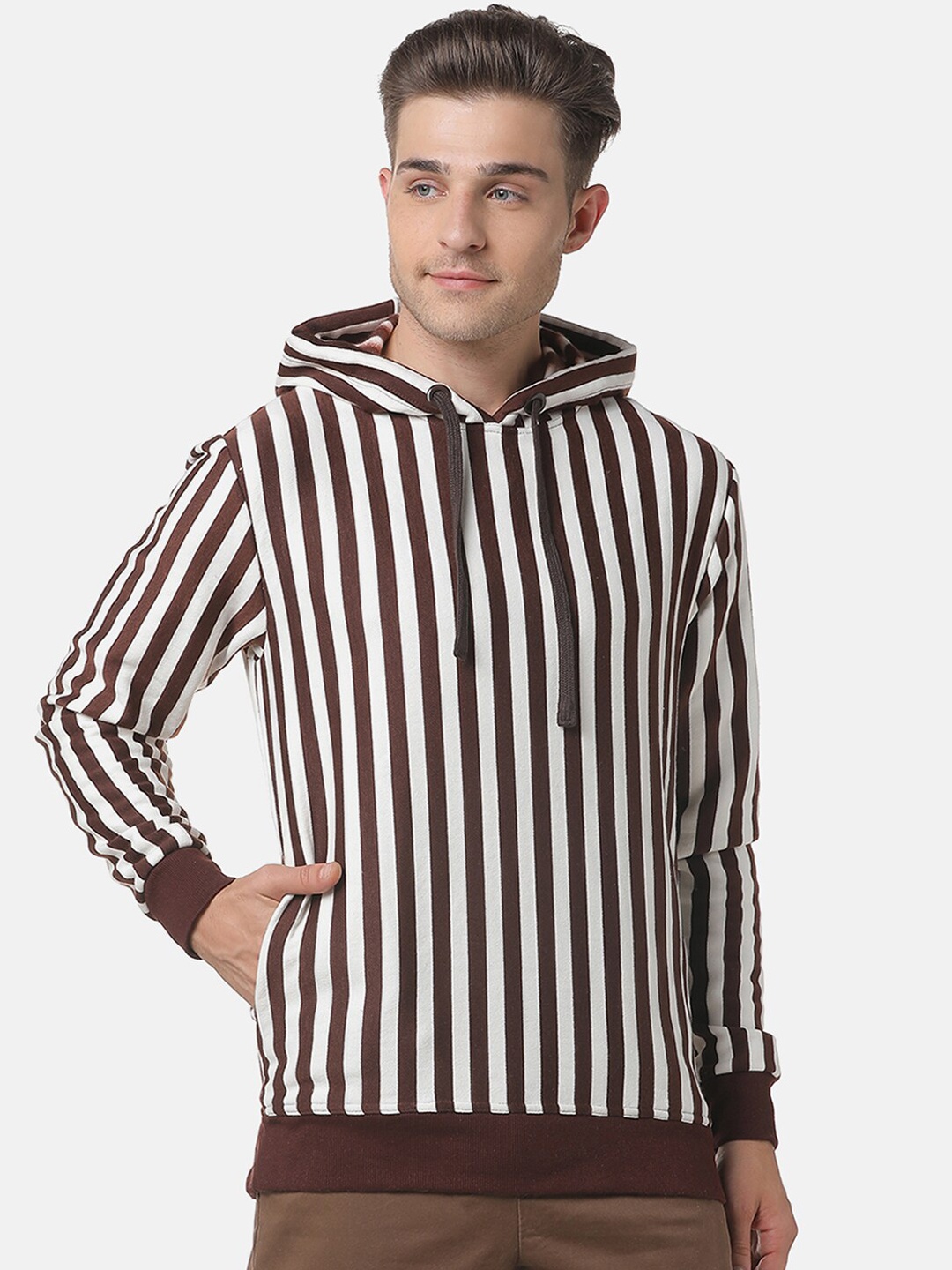 

Campus Sutra Men White & Brown Striped Hooded Sweatshirt
