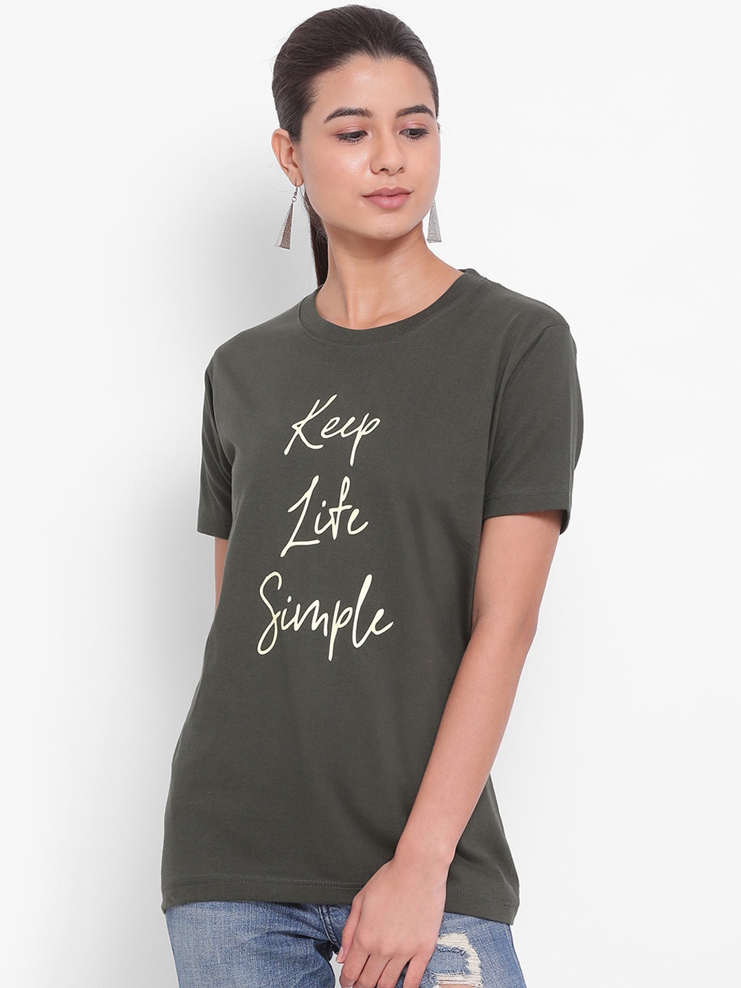

YOLOCLAN Women Green Printed Round Neck Pure Cotton T-shirt