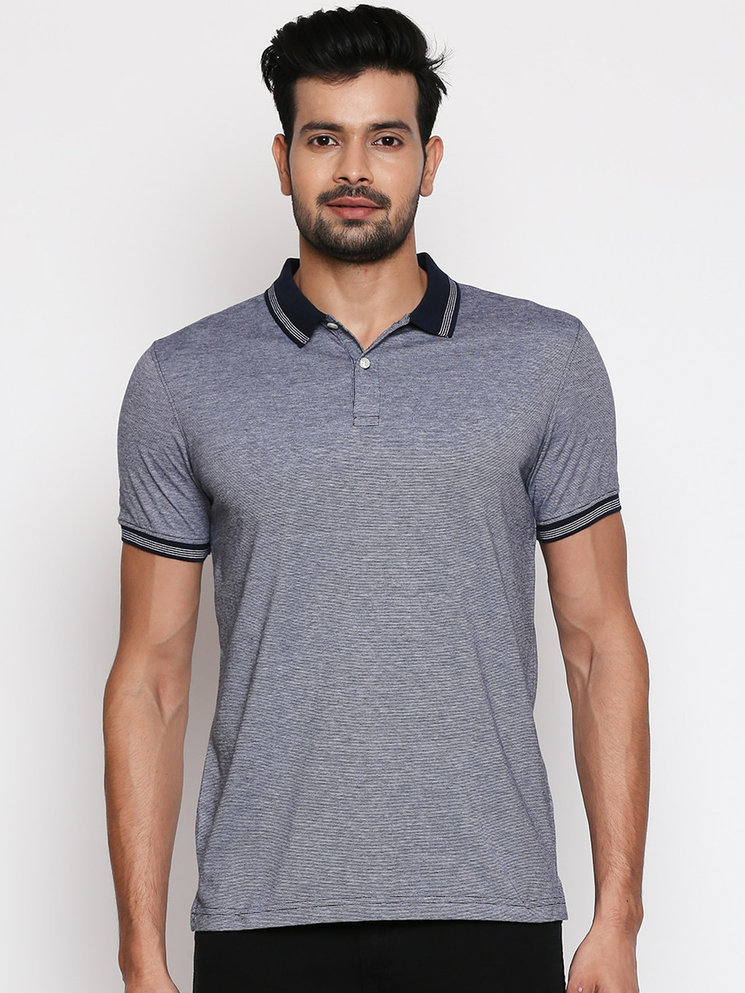 

BYFORD by Pantaloons Men Navy Blue & White Self Design Polo Collar T-shirt