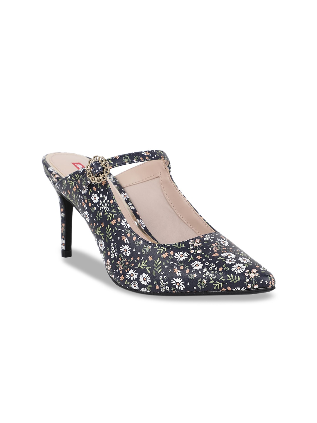 Bata Women Navy Blue & Beige Printed Mules