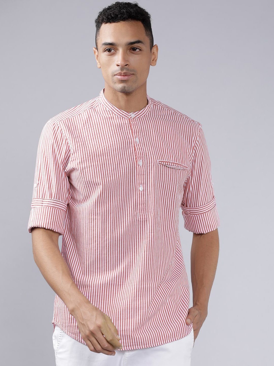 

HIGHLANDER Men Coral Pink & White Slim Fit Striped Casual Shirt