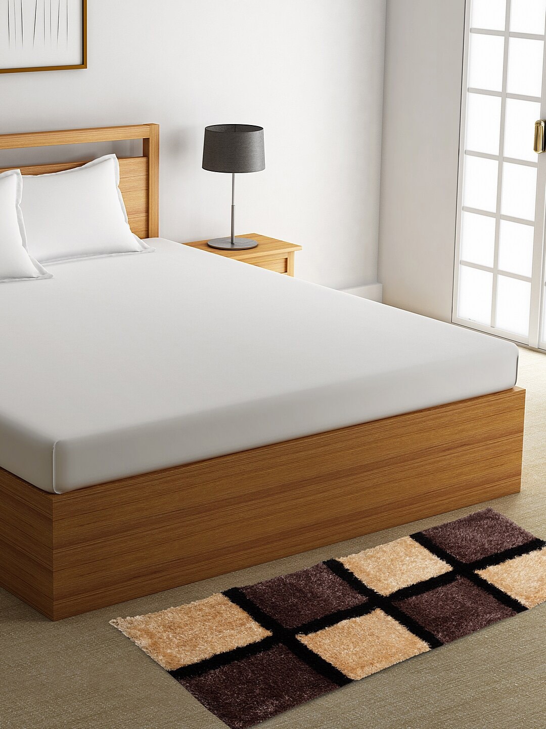 

HOSTA HOMES Brown & Beige Geometric Shaggy Fur Bed Runner