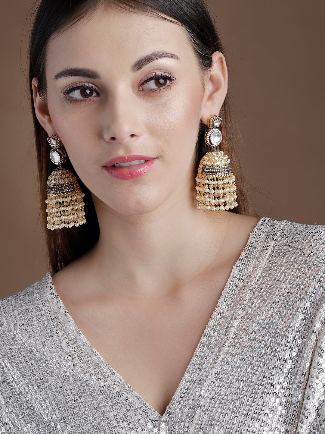 

Rubans Gold-Plated & Off-White Dome Shaped Zircon Studded Jhumkas