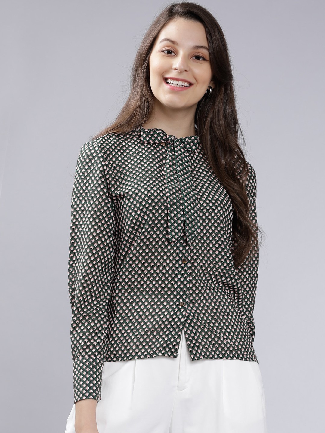 

Tokyo Talkies Women Green & White Printed Shirt Style Top