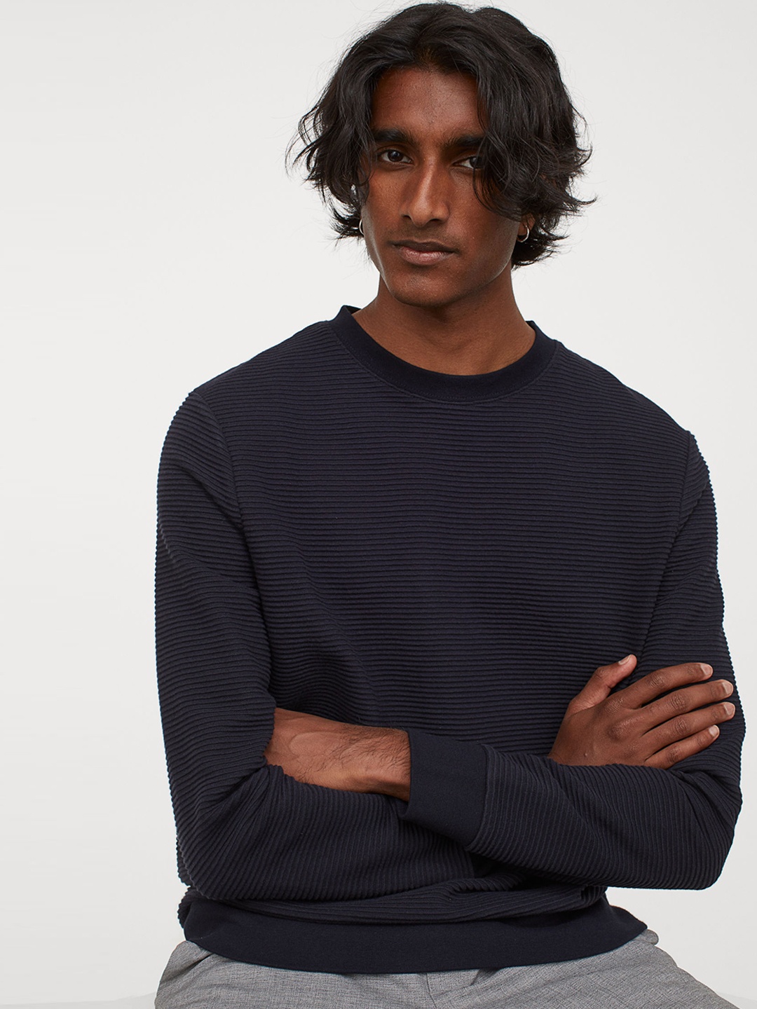 

H&M Men Navy Blue Solid Textured-Knit Sweater