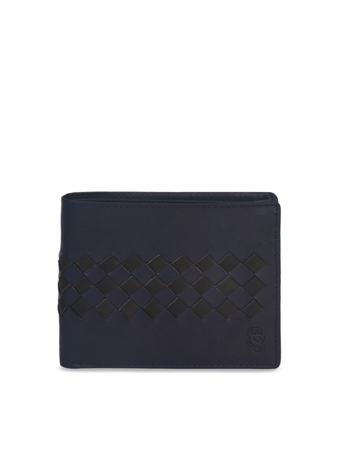 

Second SKIN Men Navy Blue Woven Design Genuine Leather Two Fold Wallet
