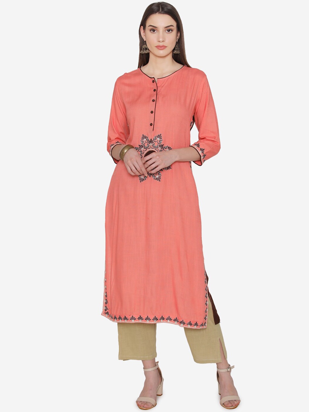 

Kifahari Women Peach-Coloured & Beige Solid Kurta with Trousers