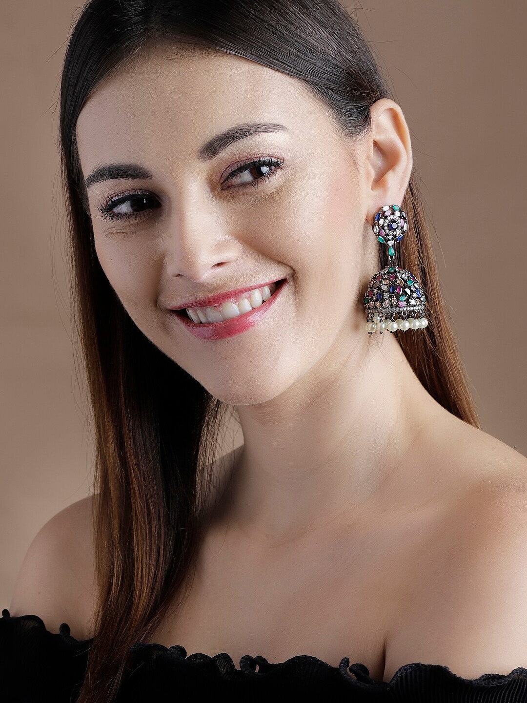 

Rubans Multicoloured Handcrafted Zircon & Pearl Dome Shaped Jhumkas, Multi