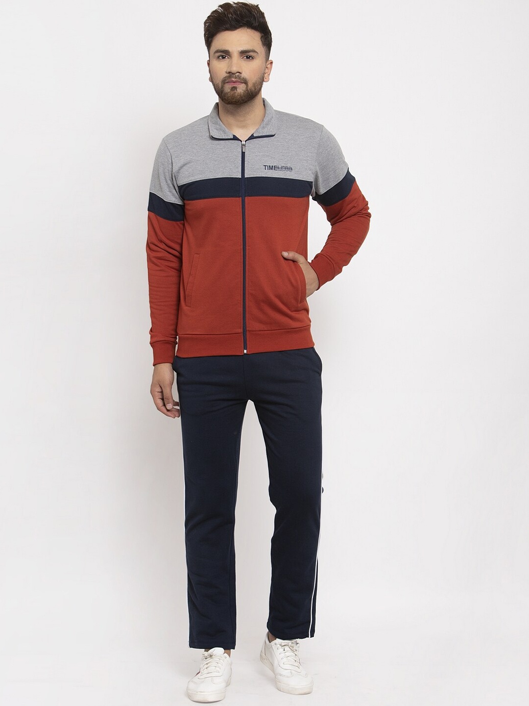 

WILD WEST Men Rust-Brown & Navy Blue Colourblocked Tracksuit