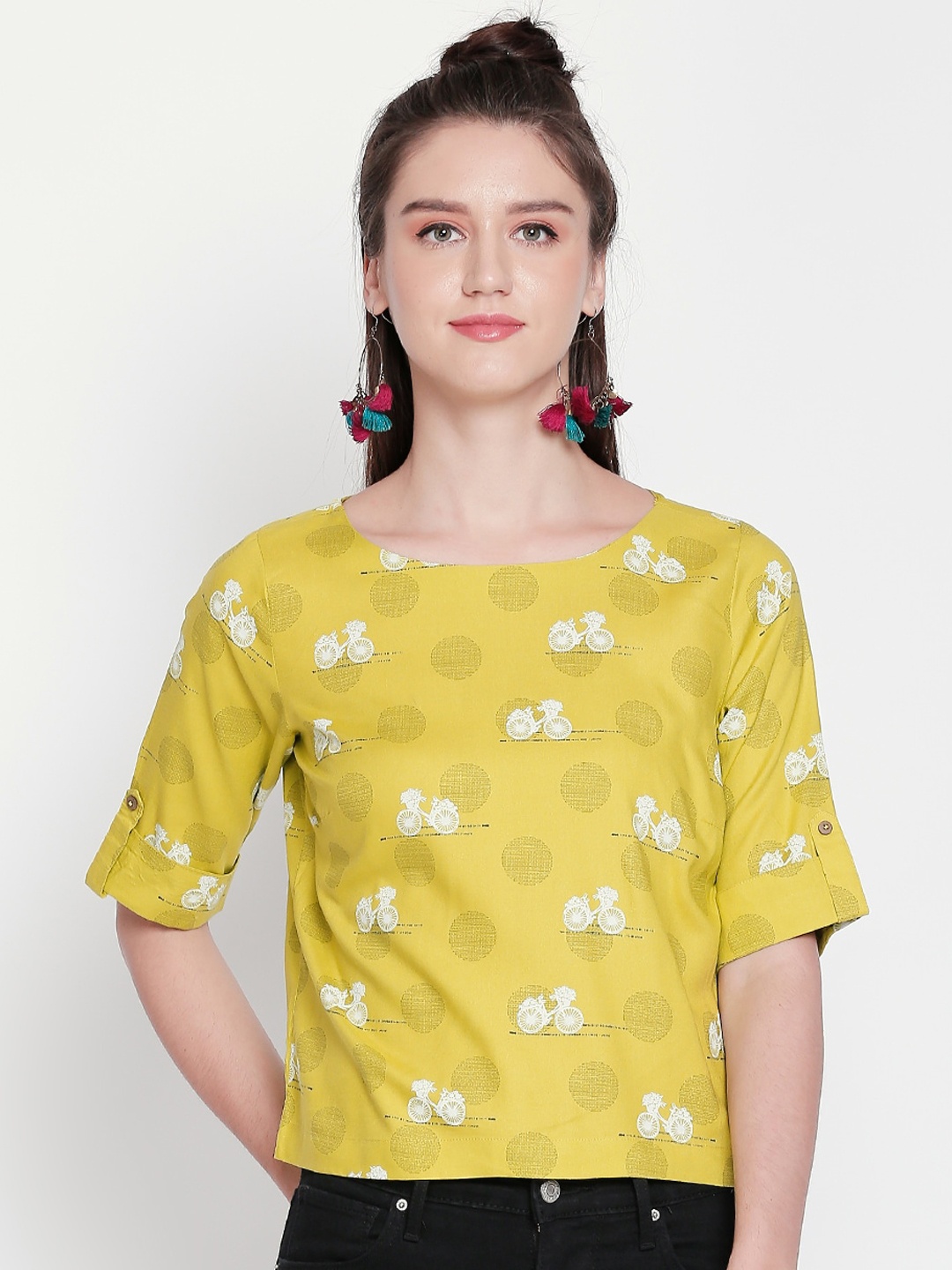 

AKKRITI BY PANTALOONS Women Lemon Yellow & White Printed Top