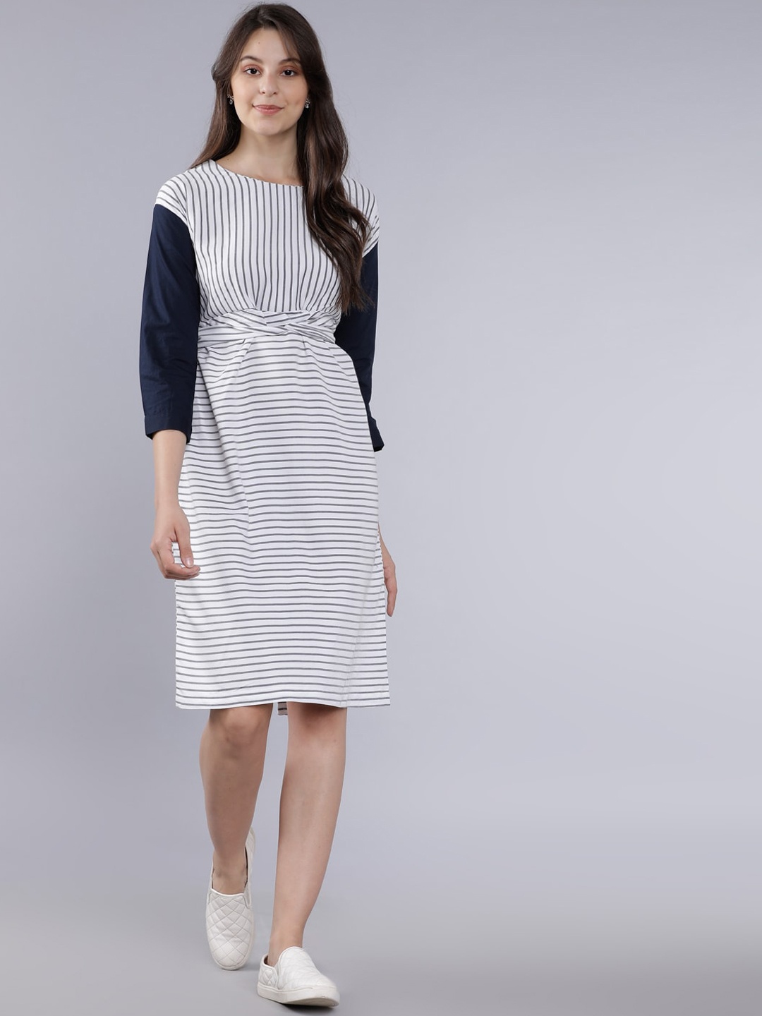 

Tokyo Talkies Women White & Navy Blue Striped Fit and Flare Dress