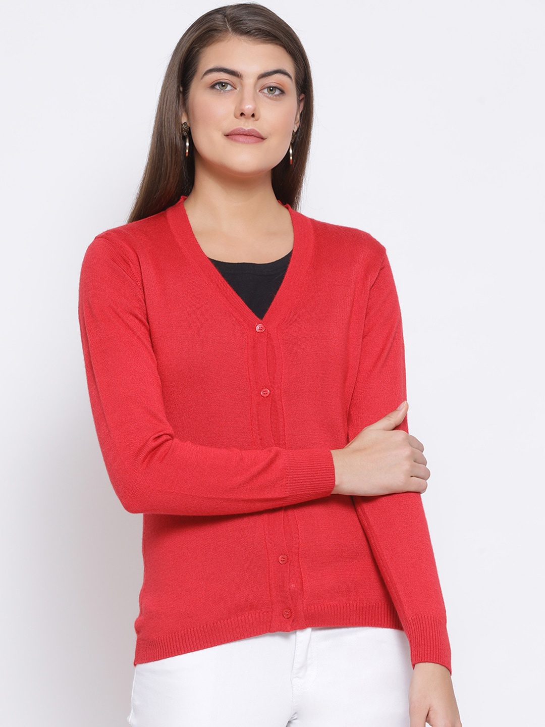 

Monte Carlo Women Coral Red Solid Cardigan Sweater