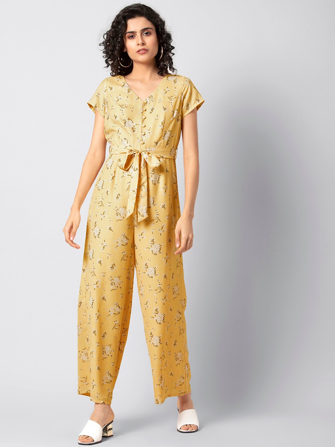 

FabAlley Women Yellow Printed Basic Jumpsuit
