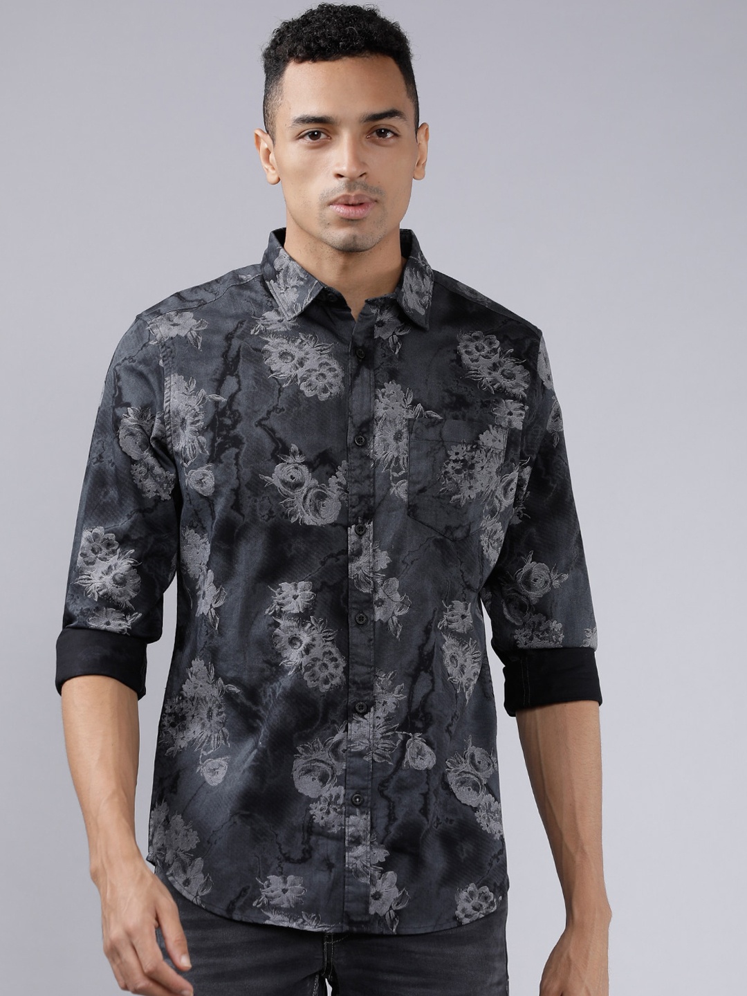

HIGHLANDER Men Black & Grey Slim Fit Printed Casual Shirt
