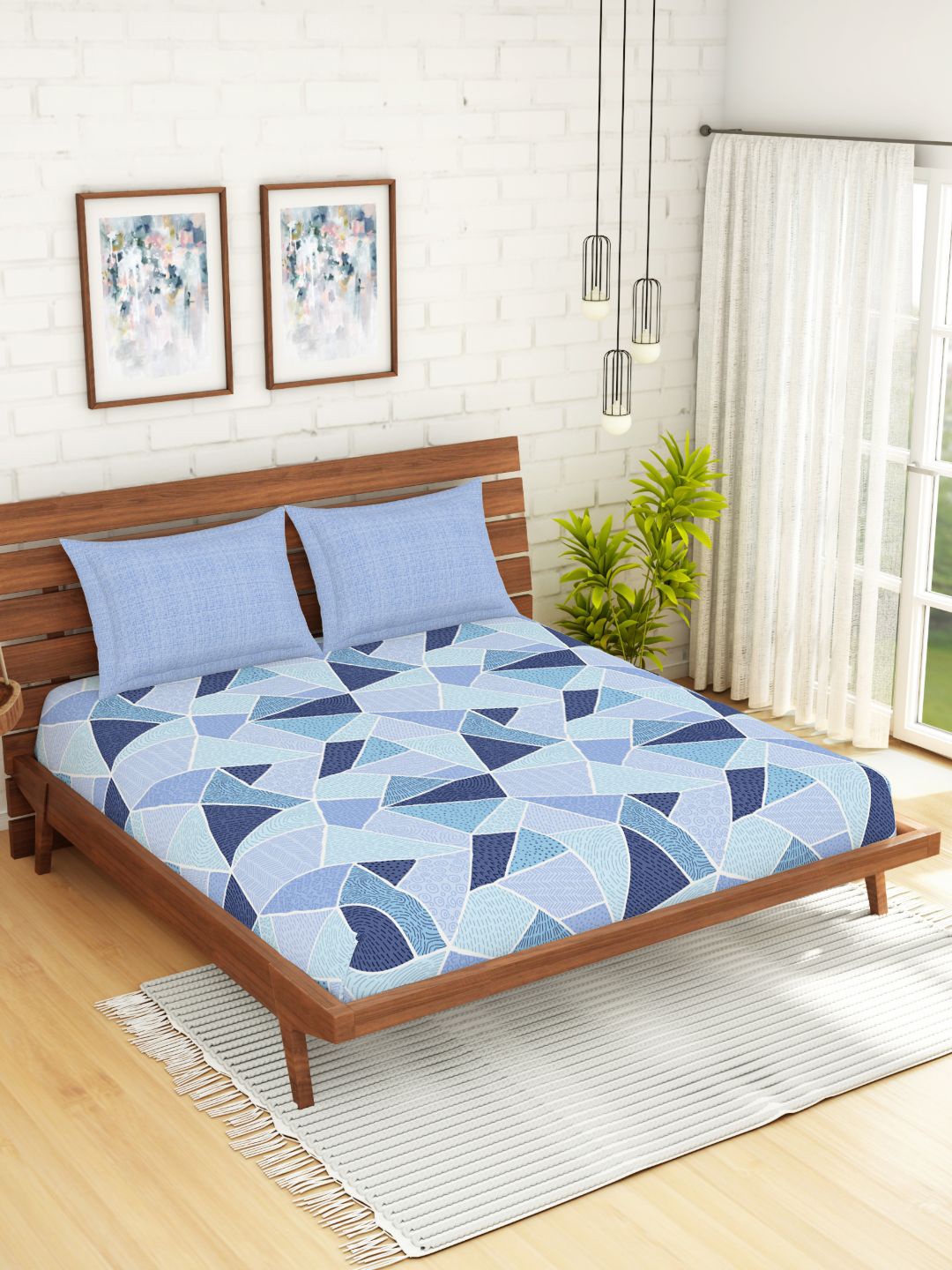 

Spaces Atrium Geometric Light Blue 1 Queen Size Fitted Sheets With 2 Pillow Cover