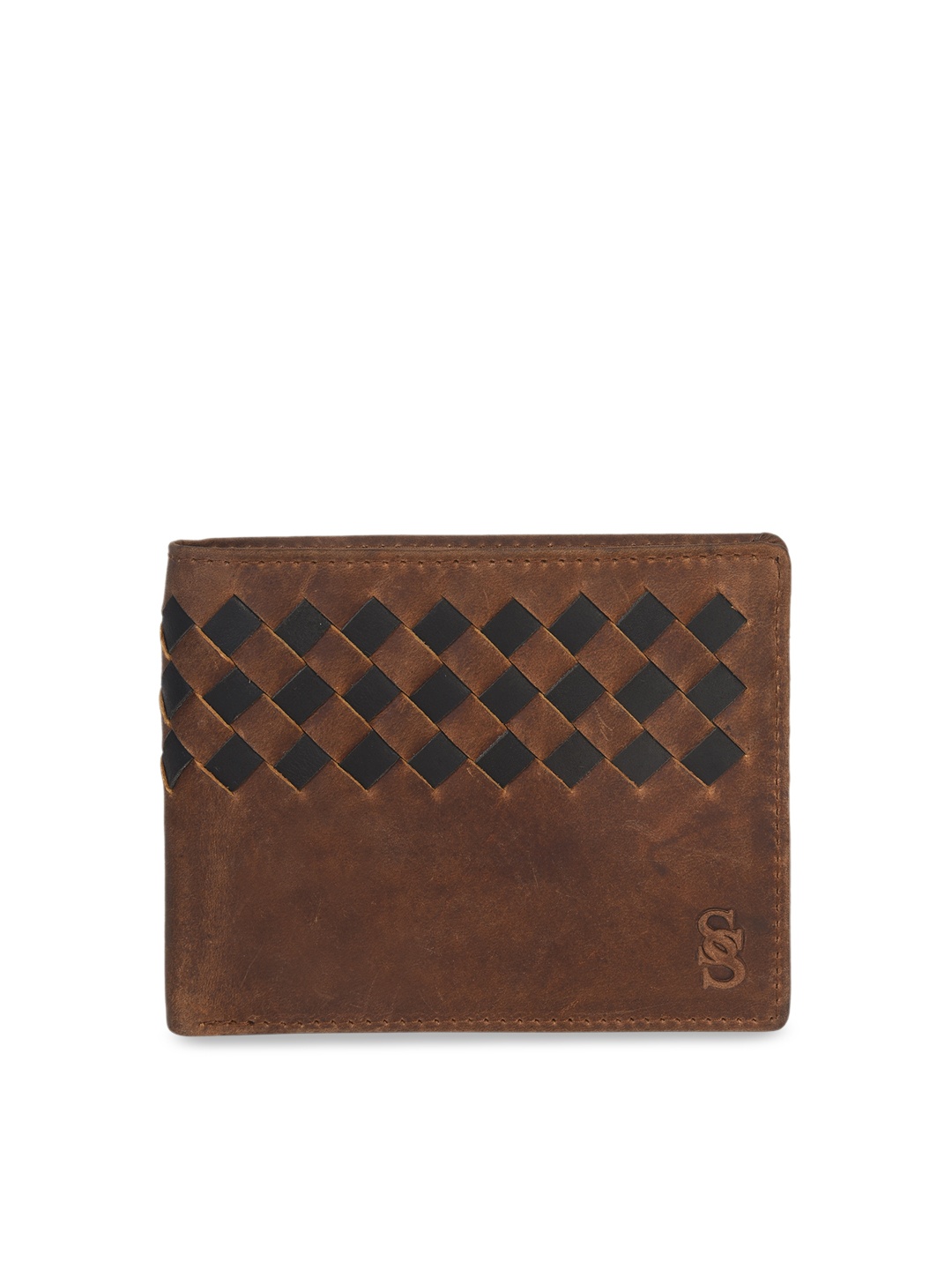 

Second SKIN Men Tan Brown Woven Design Genuine Leather Two Fold Wallet