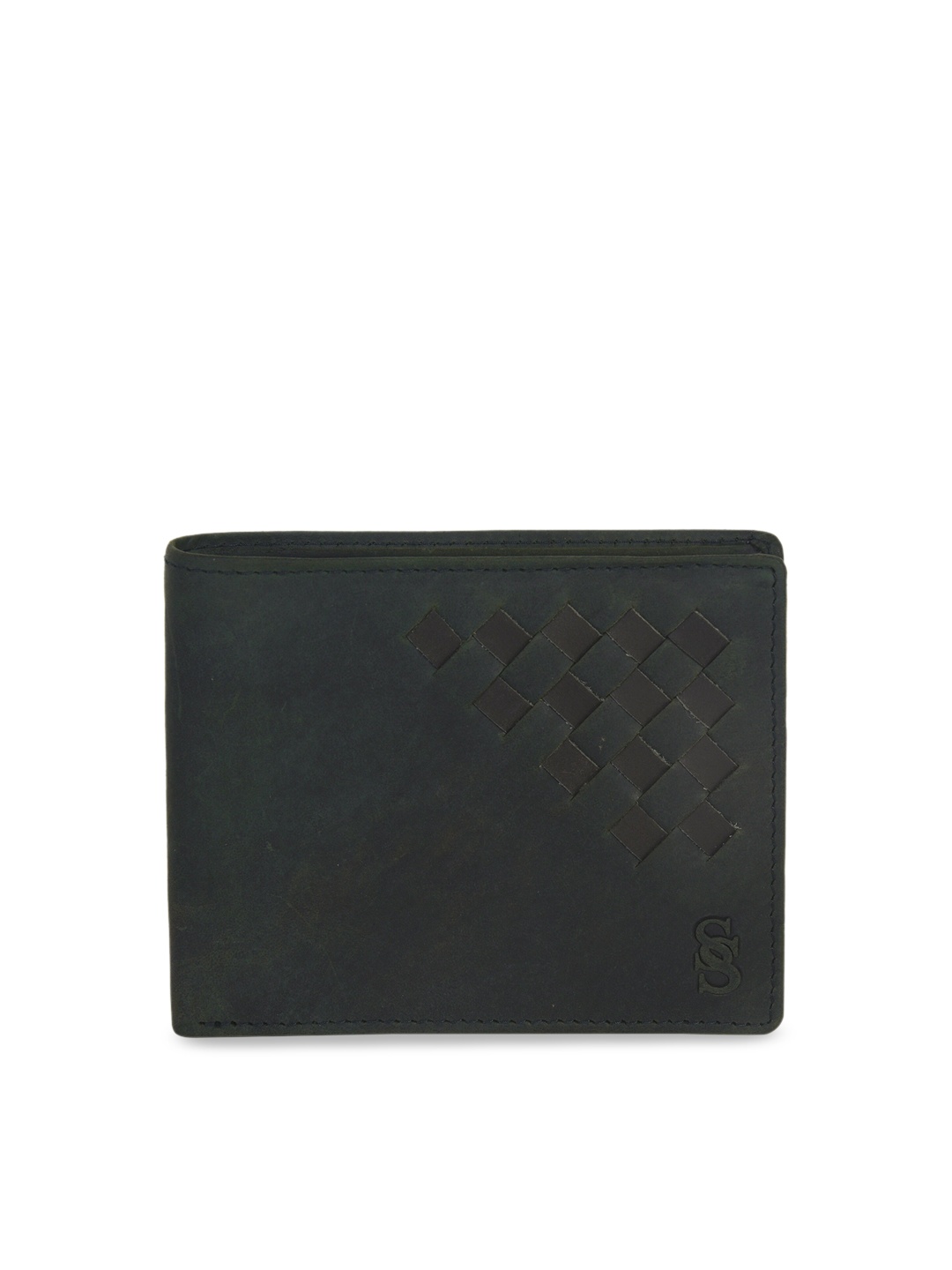 

Second SKIN Men Olive Green Woven Design Genuine Leather Two Fold Wallet