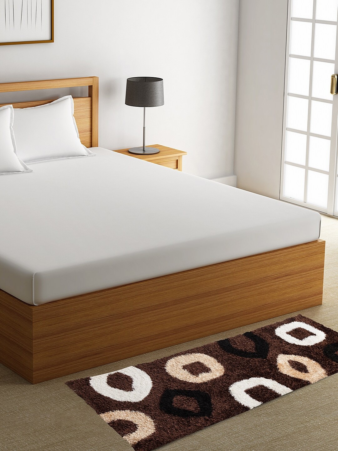 

HOSTA HOMES Brown & Beige Geometric Shaggy Fur Hand-Tufted Bed Runner