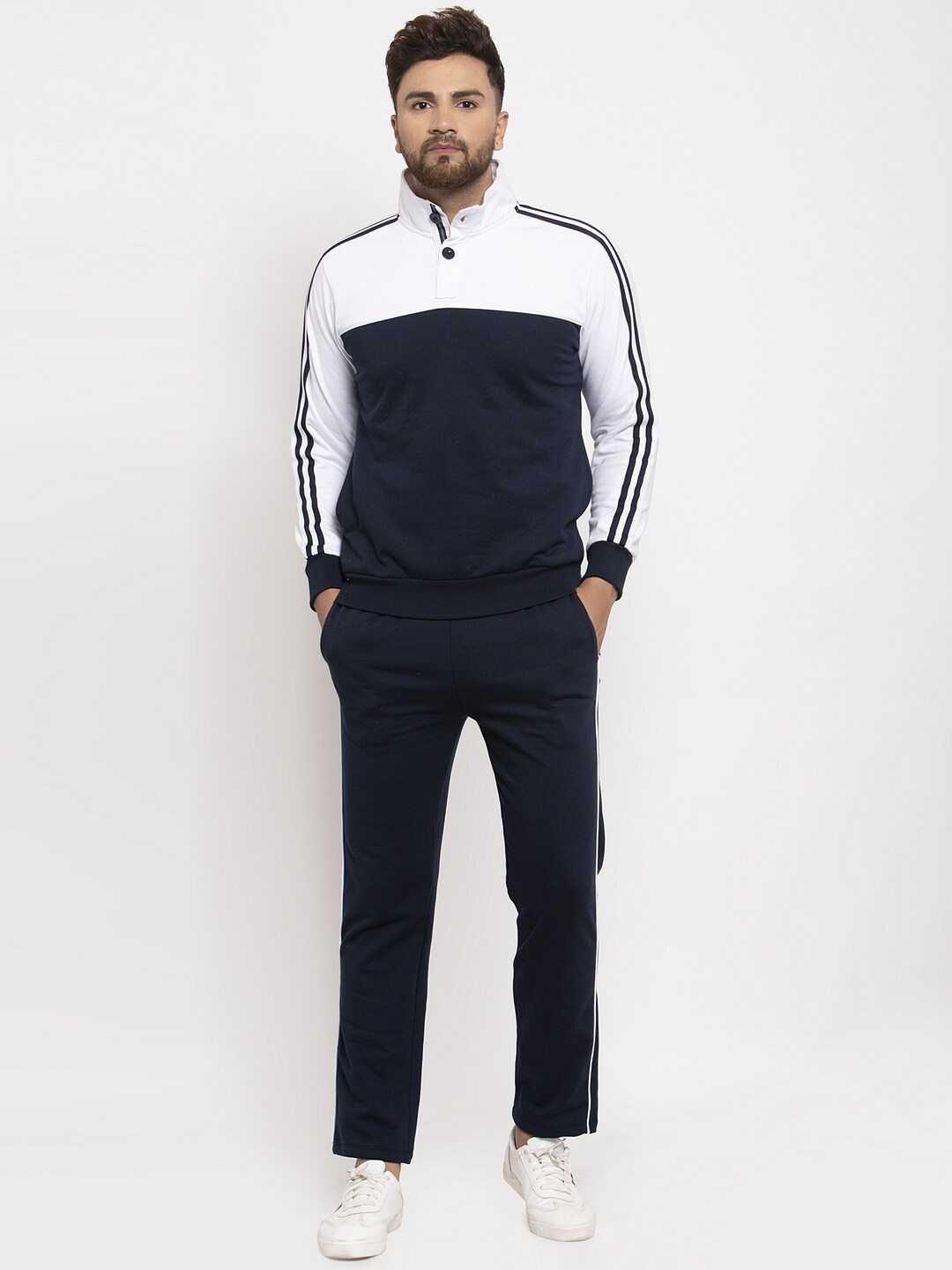 WILD WEST Men Navy Blue & White Colourblocked Tracksuit