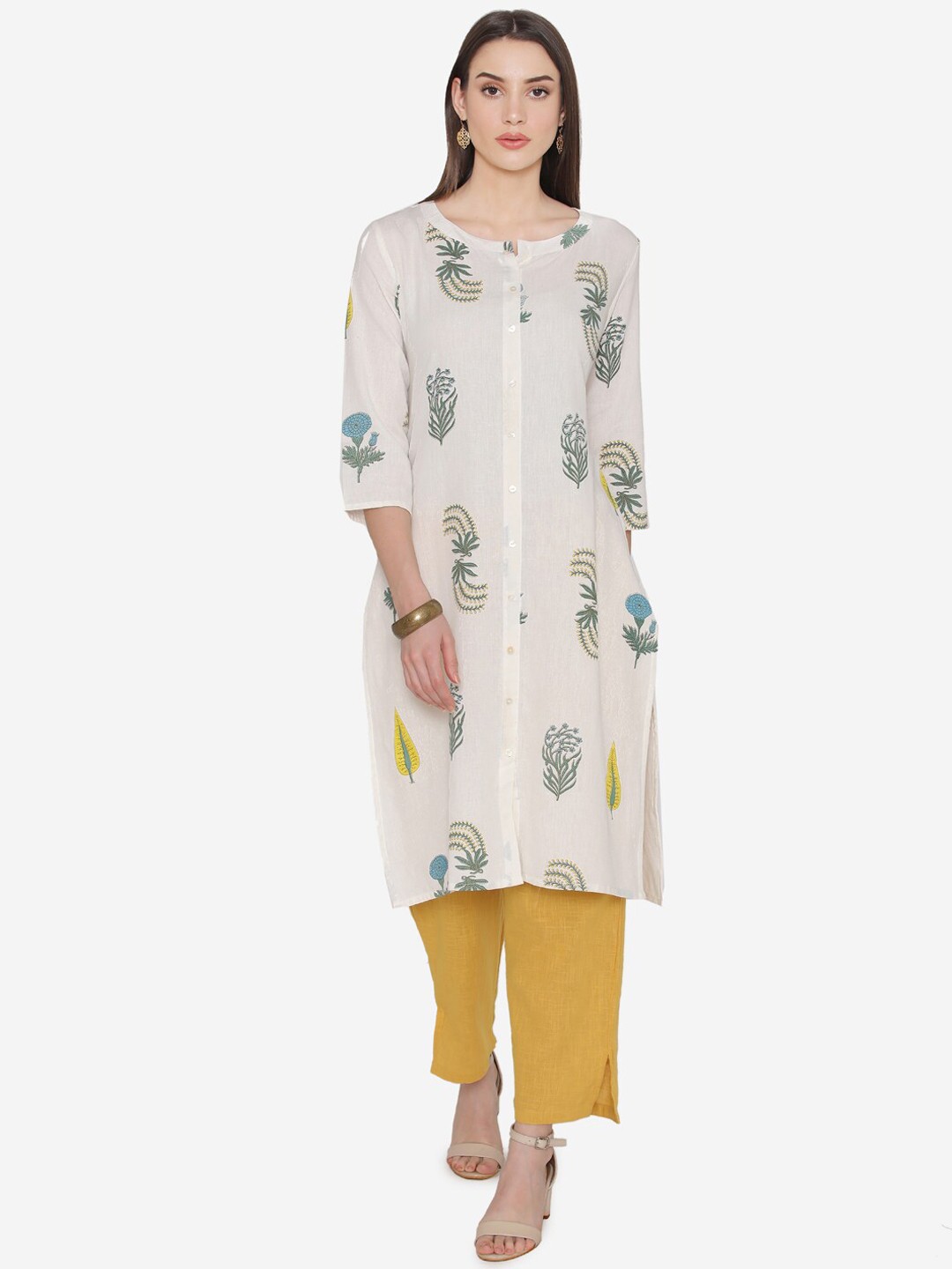 

Kifahari Women Off-White & Yellow Printed Kurta with Trousers