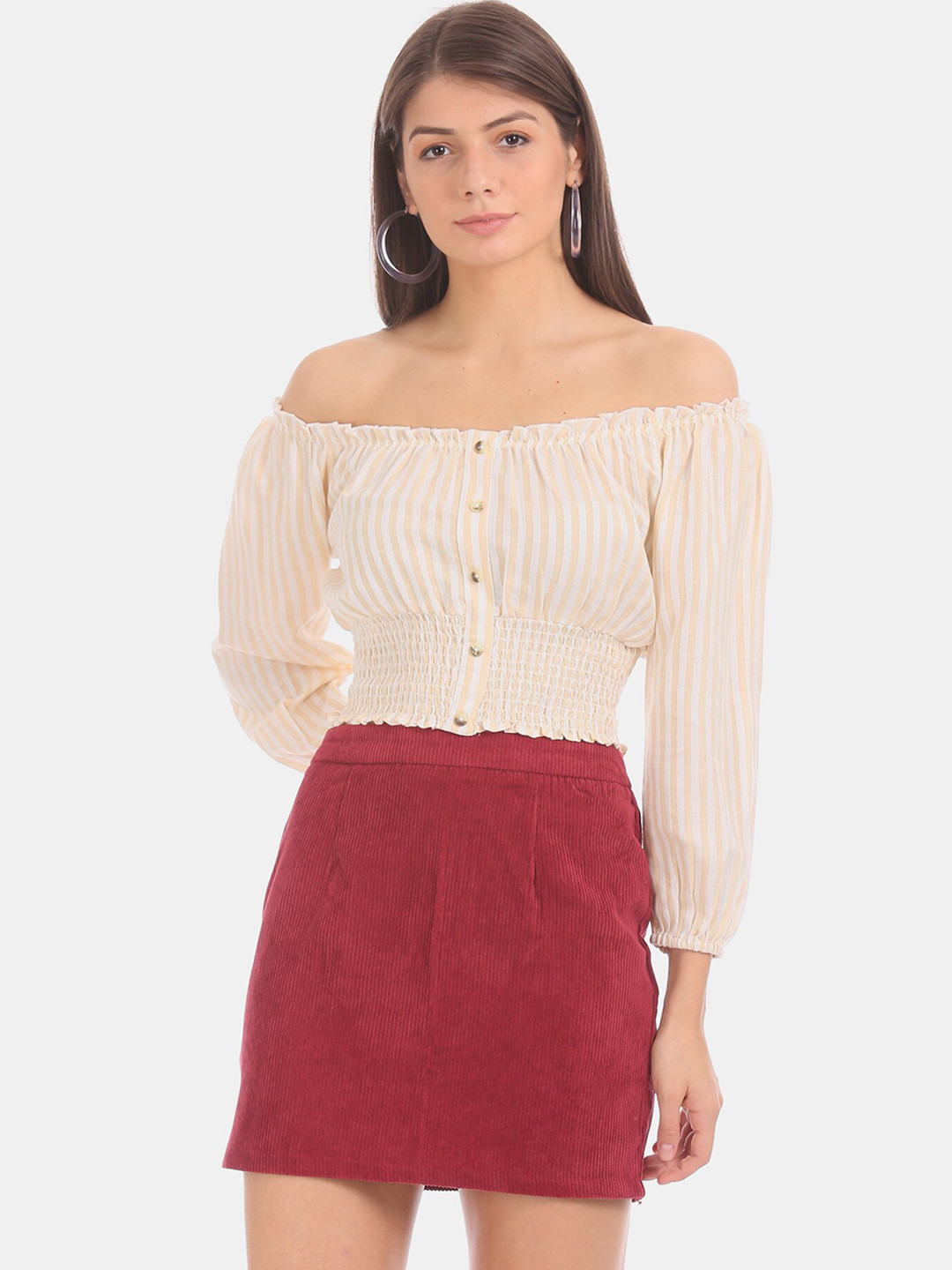 

Aeropostale Women Beige Striped Smocked Bardot Top