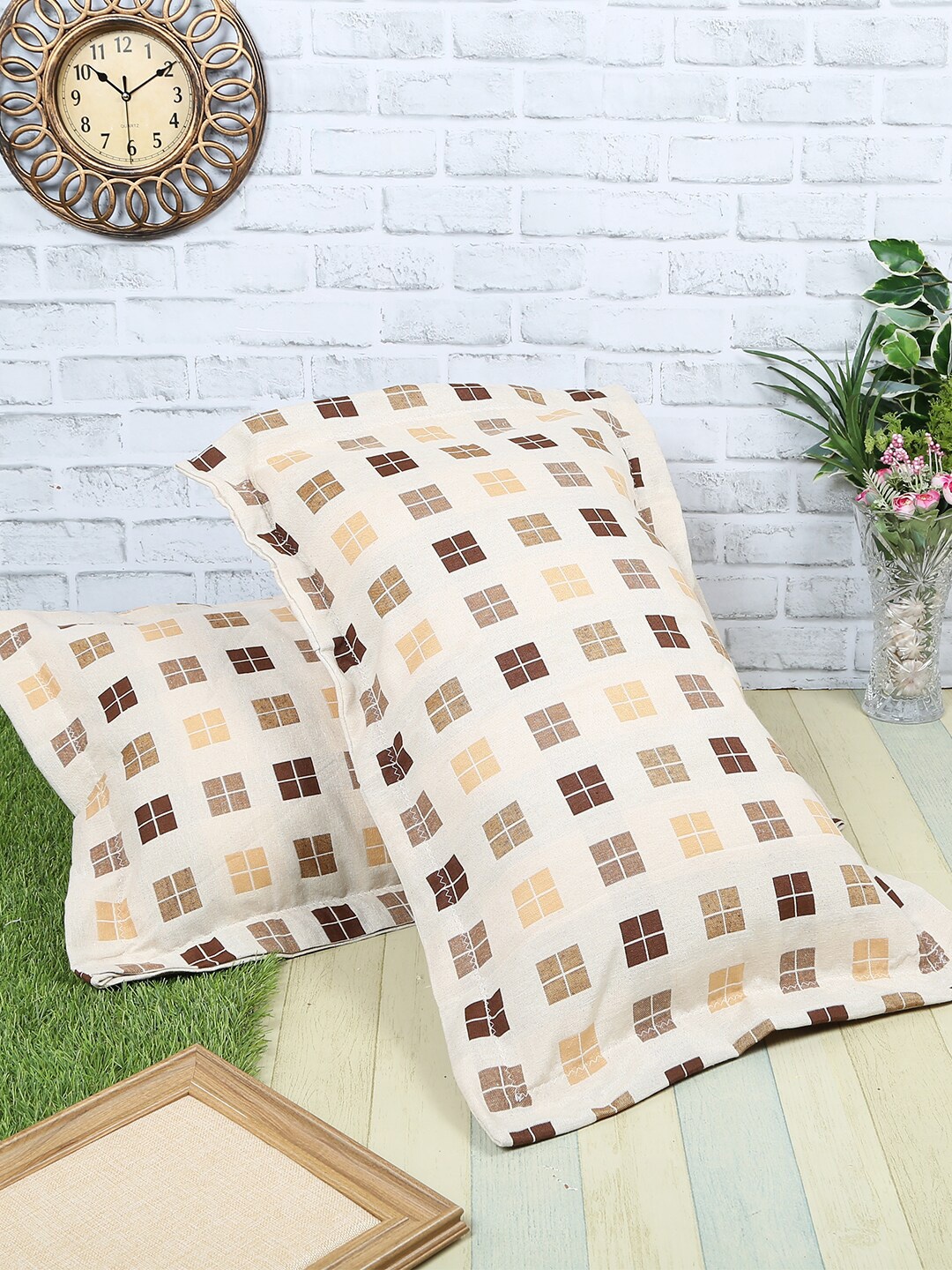 

Soumya Set of 2 Beige & Brown Checked Pillow Covers