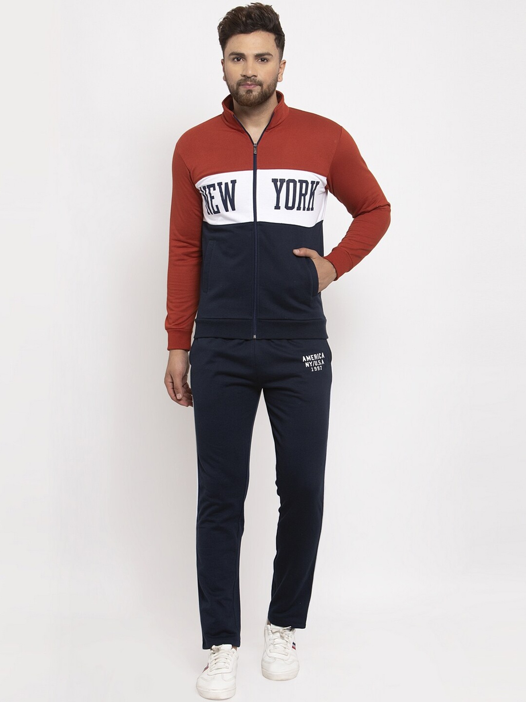 

WILD WEST Men Navy Blue & Rust Brown Colourblocked Tracksuit