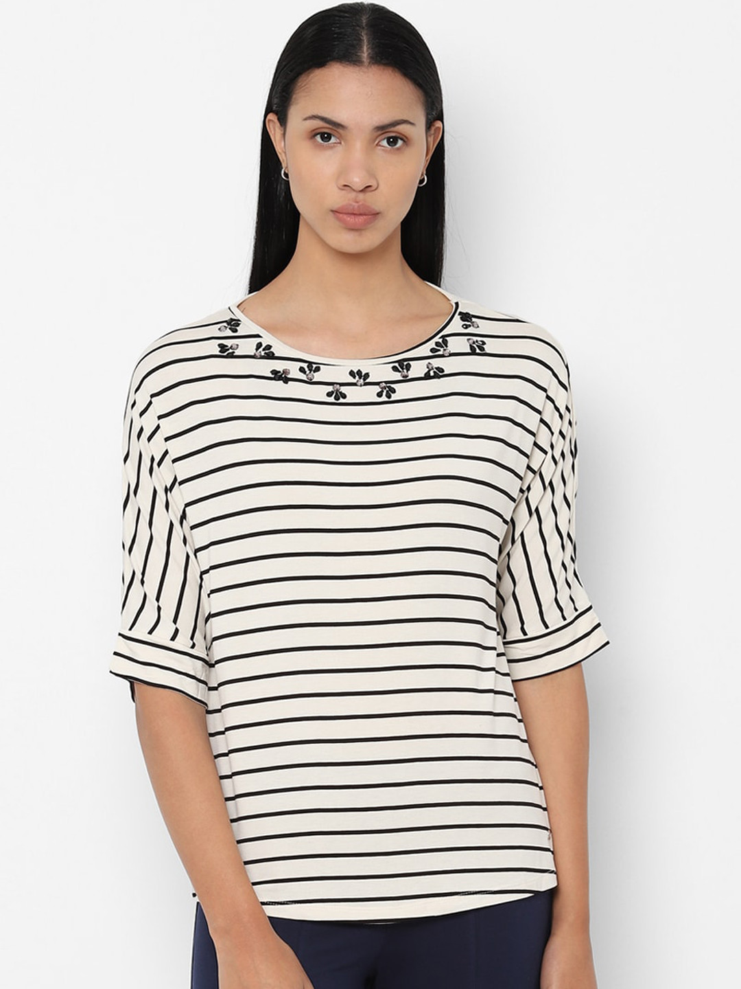 

Allen Solly Woman Women Off-White & Black Striped Jewel Neck Top